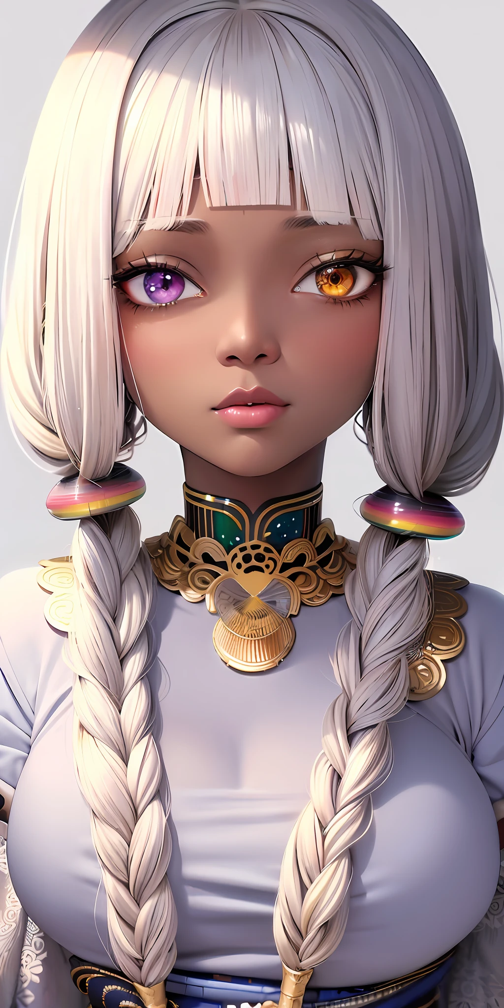 best quality, masterpiece,((african goddess woman)), dark skin, (realy luxuriant afro-textured hair rainbowned), gorgeous, sexy, curvy, busty, (geisha eyes), ((heterochromia eyes)), upper body,hair strand,Fair skin,side braids