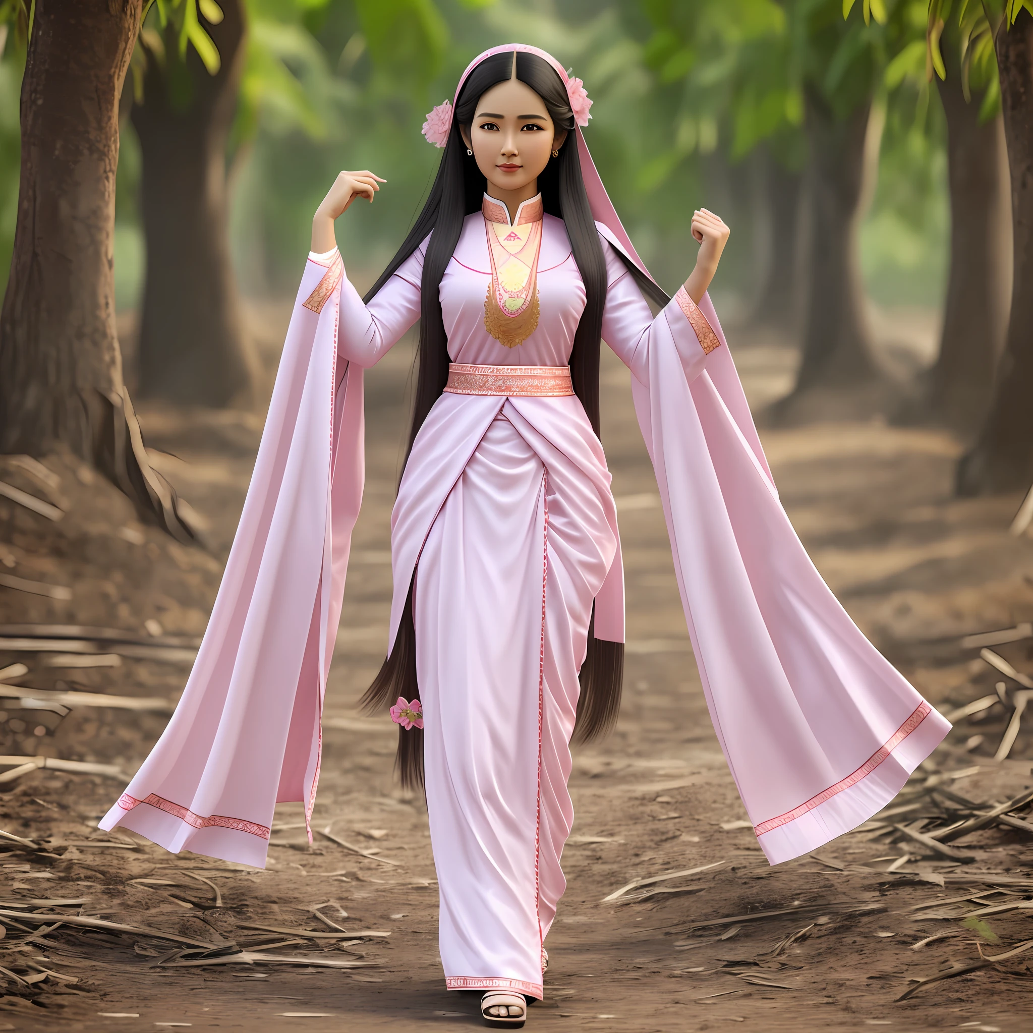 A lovely girl with a very beautiful and full body, 40 years old Wearing bright eyes ,very long dark hair 7feet , pink and white skin (Myanmar Traditional), face details body detail Highly detailed Cgi 8k resolution: --auto --s2