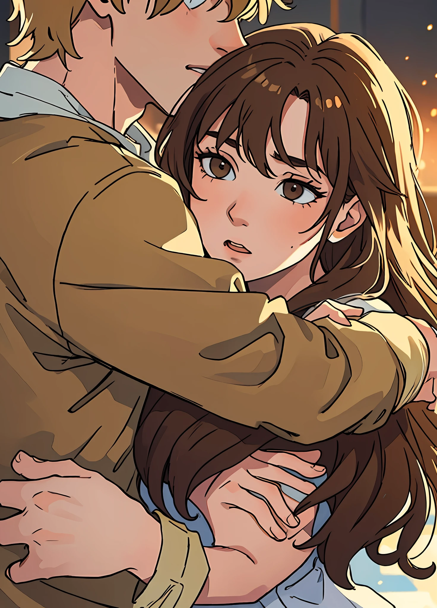 1 boy, man, blond in love, 1 girl, woman, long brown brown hair, passionate, couple, boyfriends, hugs, best quality, masterpiece, details, ultra quality, realistic