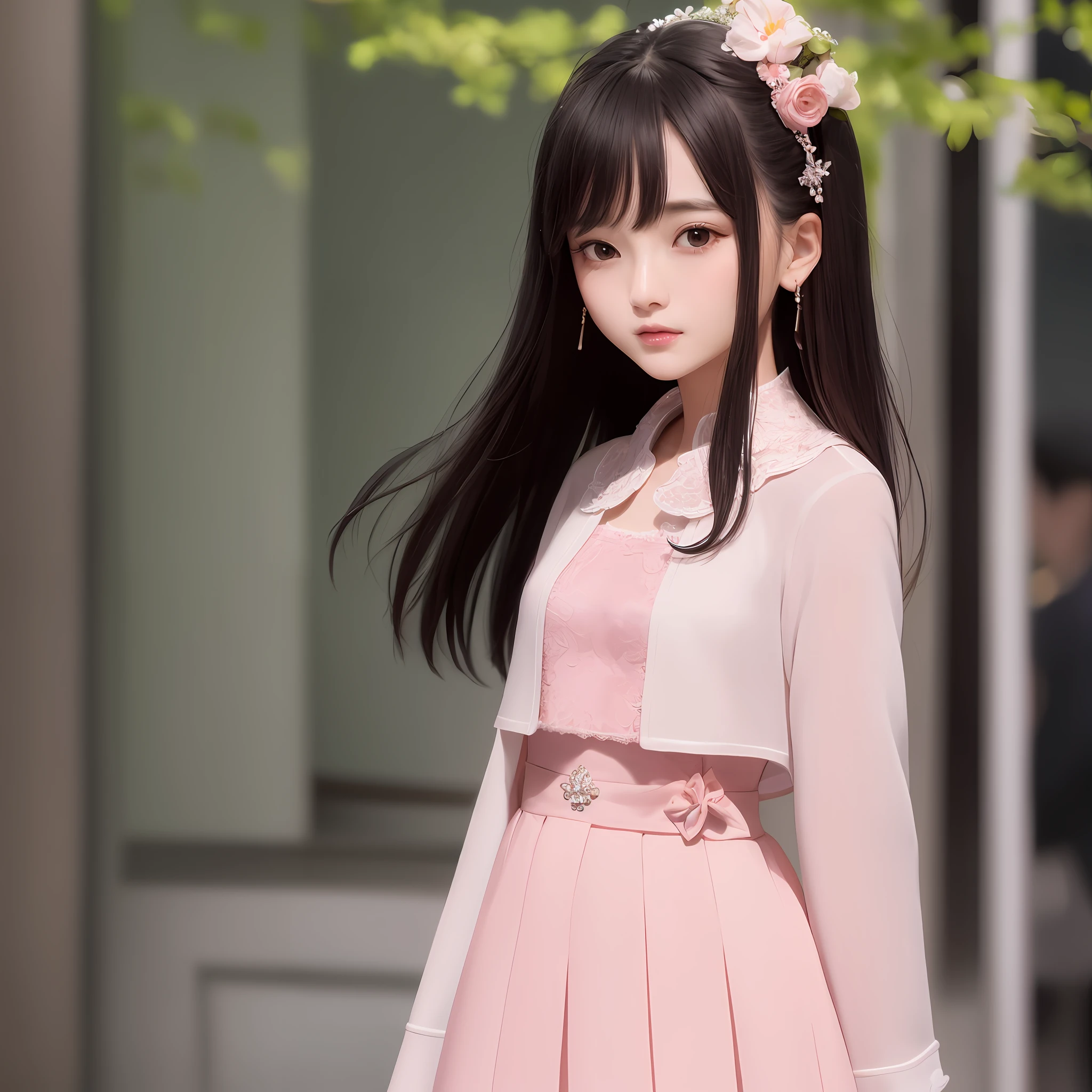 Ju Jingyi is gentle and cute, upper body photo, delicate sexy collarbone, charming goose egg face, double eyelids, smart peach blossom eyes, pink lips, small upturned nose, bare shoulders, focused face, close-up of face, ultra HD, super details, elegant standing, tweed jacket with a lapel spiked chiffon dress, with booties, fresh and sweet
