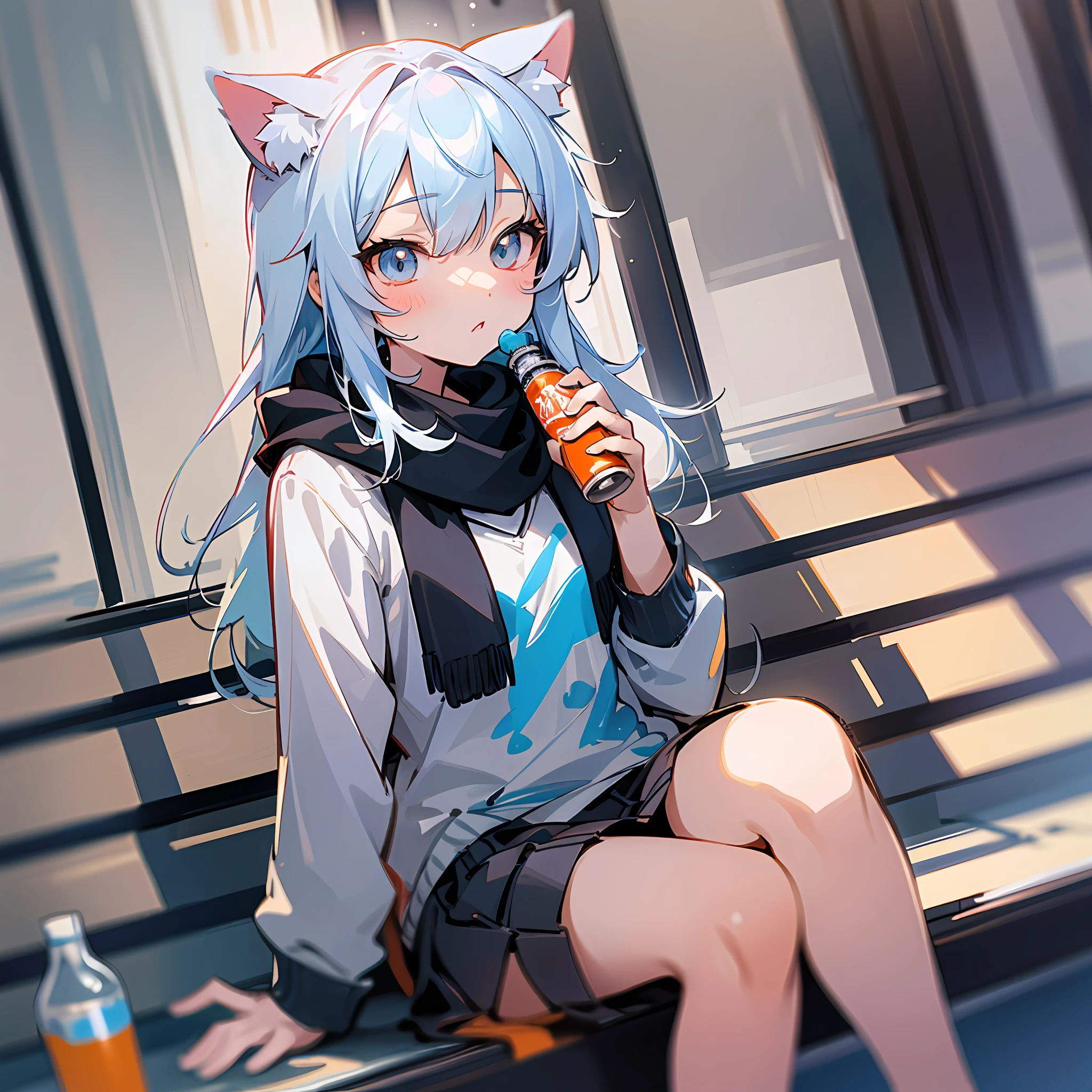 The anime girl leans on the bench, a kitten sits next to her, holding a bottle of energy drink and a book in her hand, the painting style is cute, the picture quality is extremely delicate 4K anime vision. Popular on ArtStation and Pixiv, cute anime girls are full of art. Among the several style illustrations, special emphasis is placed on elements of nyaruko-san and mikudayo. Detailing highlights scarf and cat ear details, complemented by the ultimate light and shadow effect.