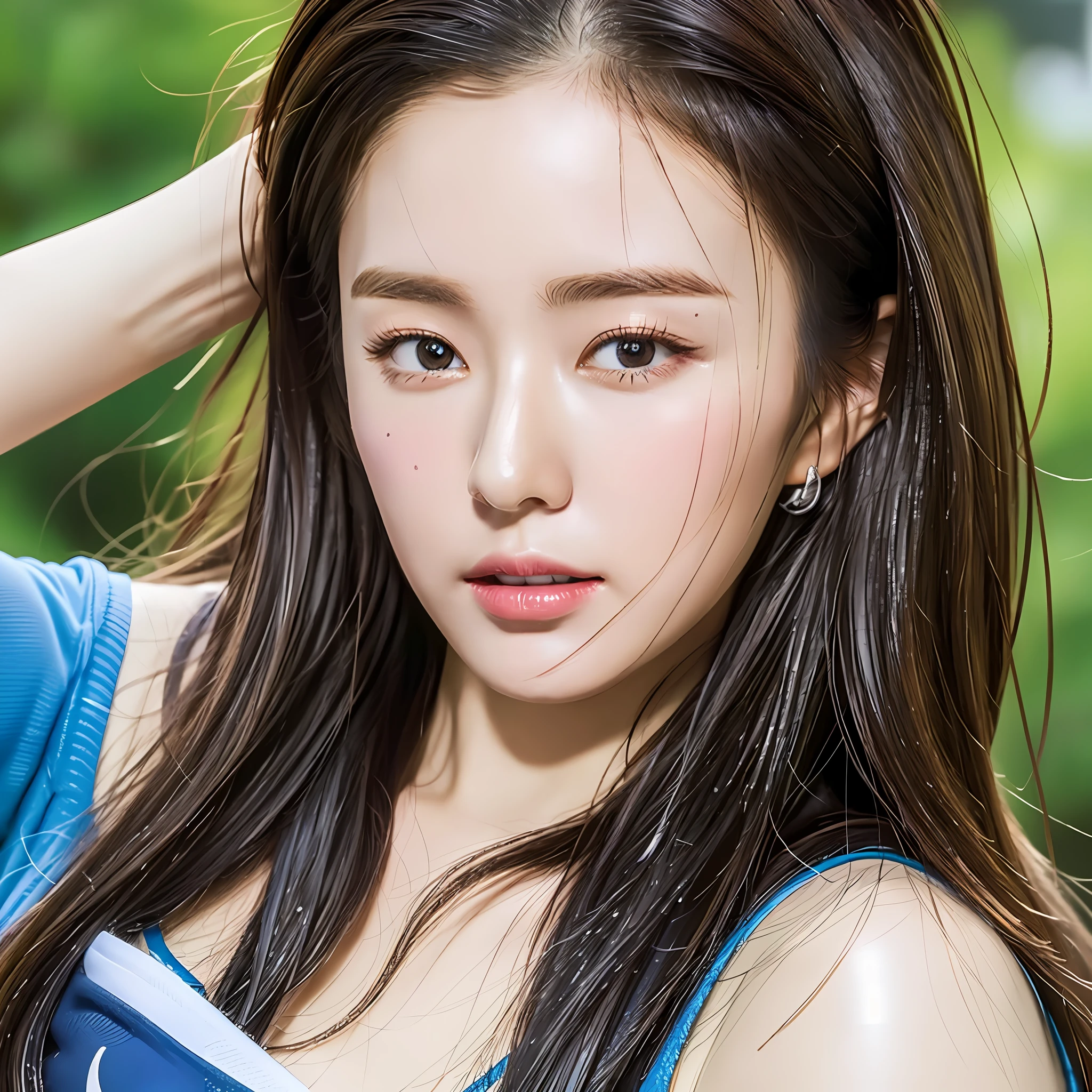 Highest image quality, outstanding details, super high resolution, (realism: 1.4), the best illustration, favor details, highly condensed 1girl, with a delicate and beautiful face, home woman, do sports, close to wet sportswear.