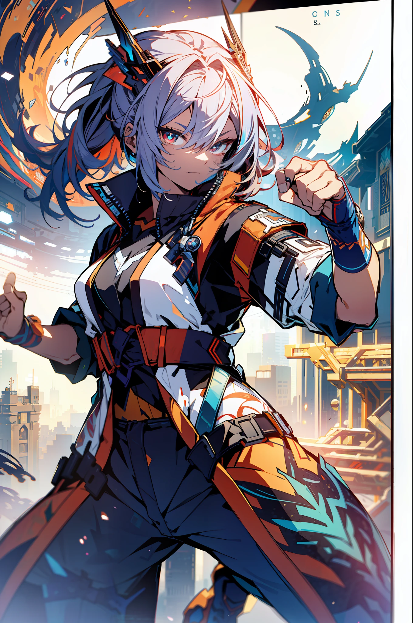 background, mixed-language_text, Japanese letters in graffit, boys and girls together, excellent lighting, sidelighting, (), vhsKeeper,, style GUILTY GEAR -STRIVE perfect ultimate (flat color: 1.3), (magazine_cover: 1.4), (multicolored_background: 1.3), striped_background, card_background, :: comix style by joe madureira :: circular pieces of white metals glued to the arms coming out shimmering yellow glow, , perfect and detailed, ultra detailed shirt with abstract design and with print of Japanese letters in graffit of the sides of the clothing, image of boys and girls full body fighting next to you with powerful dragons versus alien creature full of tentacles , with immersive effects, hover effect, background style graffiti tribal tattoo with vibrant colors "HDR ultra" detailed and with focus effect, (masterpiece: 1.2, best quality), (Beautiful eyes finely detailed: 1.2), , ((Solo)), (Finely detailed eyes and detailed face :1.3), in various full-body attack poses, (cute background: 1.2),futuristic costume, Super detailed circular metals Clinging to arms and pants, fantastic paintings