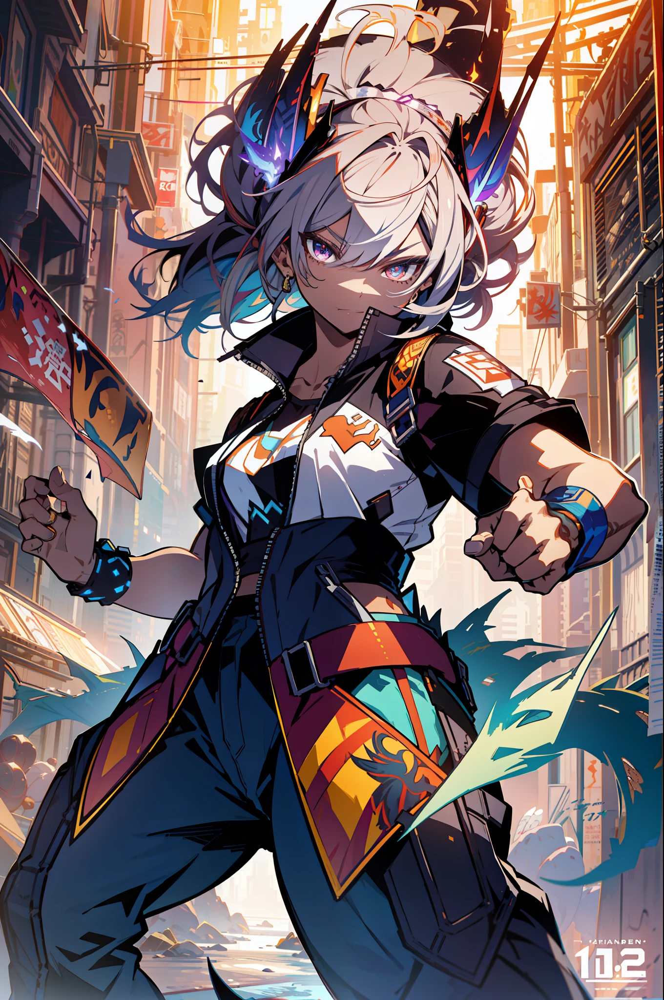background, mixed-language_text, Japanese letters in graffit, boys and girls together, excellent lighting, sidelighting, (), vhsKeeper,, style GUILTY GEAR -STRIVE perfect ultimate (flat color: 1.3), (magazine_cover: 1.4), (multicolored_background: 1.3), striped_background, card_background, :: comix style by joe madureira :: circular pieces of white metals glued to the arms coming out shimmering yellow glow, , perfect and detailed, ultra detailed shirt with abstract design and with print of Japanese letters in graffit of the sides of the clothing, image of boys and girls full body fighting next to you with powerful dragons versus alien creature full of tentacles , with immersive effects, hover effect, background style graffiti tribal tattoo with vibrant colors "HDR ultra" detailed and with focus effect, (masterpiece: 1.2, best quality), (Beautiful eyes finely detailed: 1.2), , ((Solo)), (Finely detailed eyes and detailed face :1.3), in various full-body attack poses, (cute background: 1.2),futuristic costume, Super detailed circular metals Clinging to arms and pants, fantastic paintings