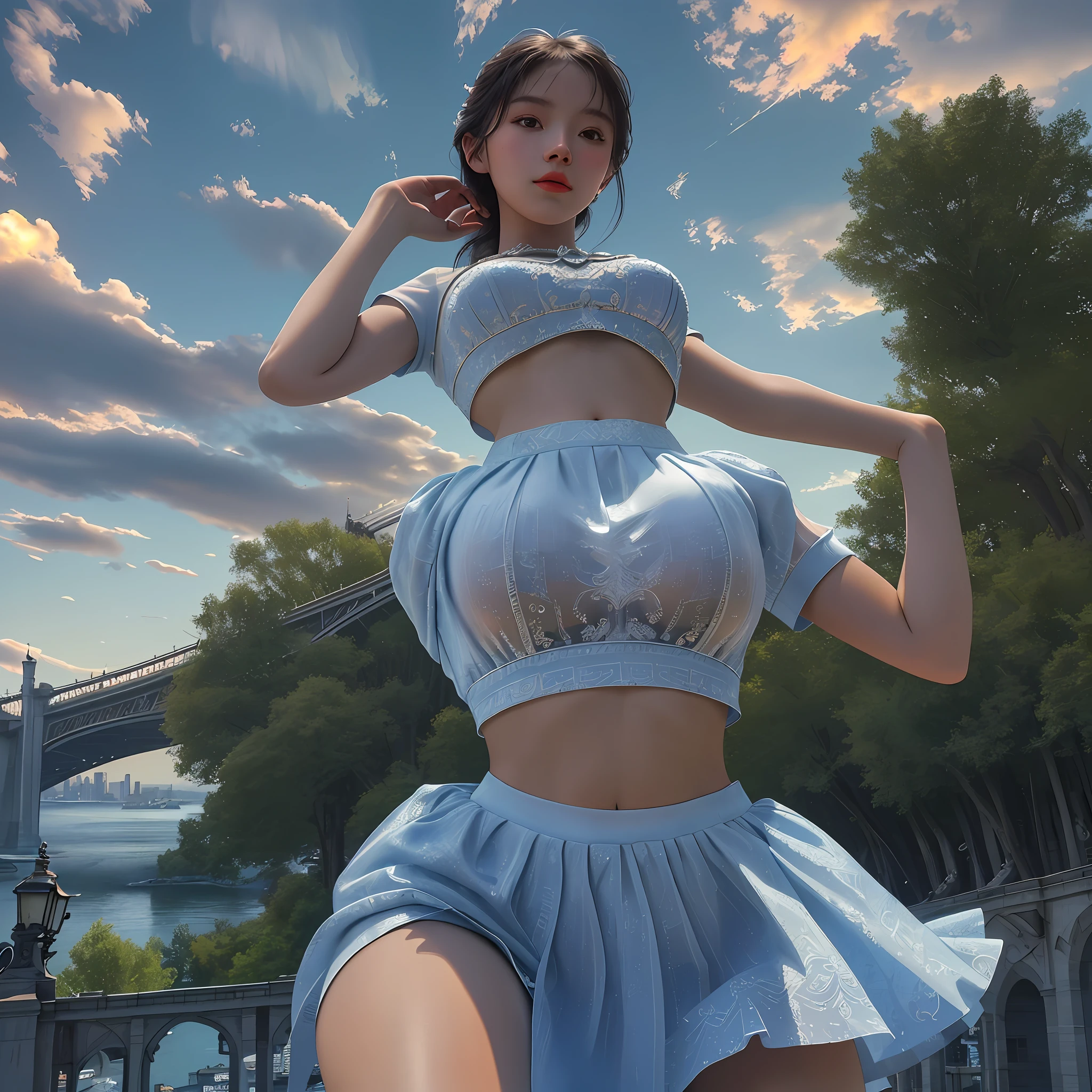 Best quality, masterpiece, real photos, intricate details, super detailed, detailed face, detailed skin, 8k, movie lighting, landscape, cityscape, sky, clouds, outdoors, architecture, sunset, city lights, bridges, rivers, trees, clothes flesh color transparent maiden, crop top, ((from below)), (seductive pose), hands raised