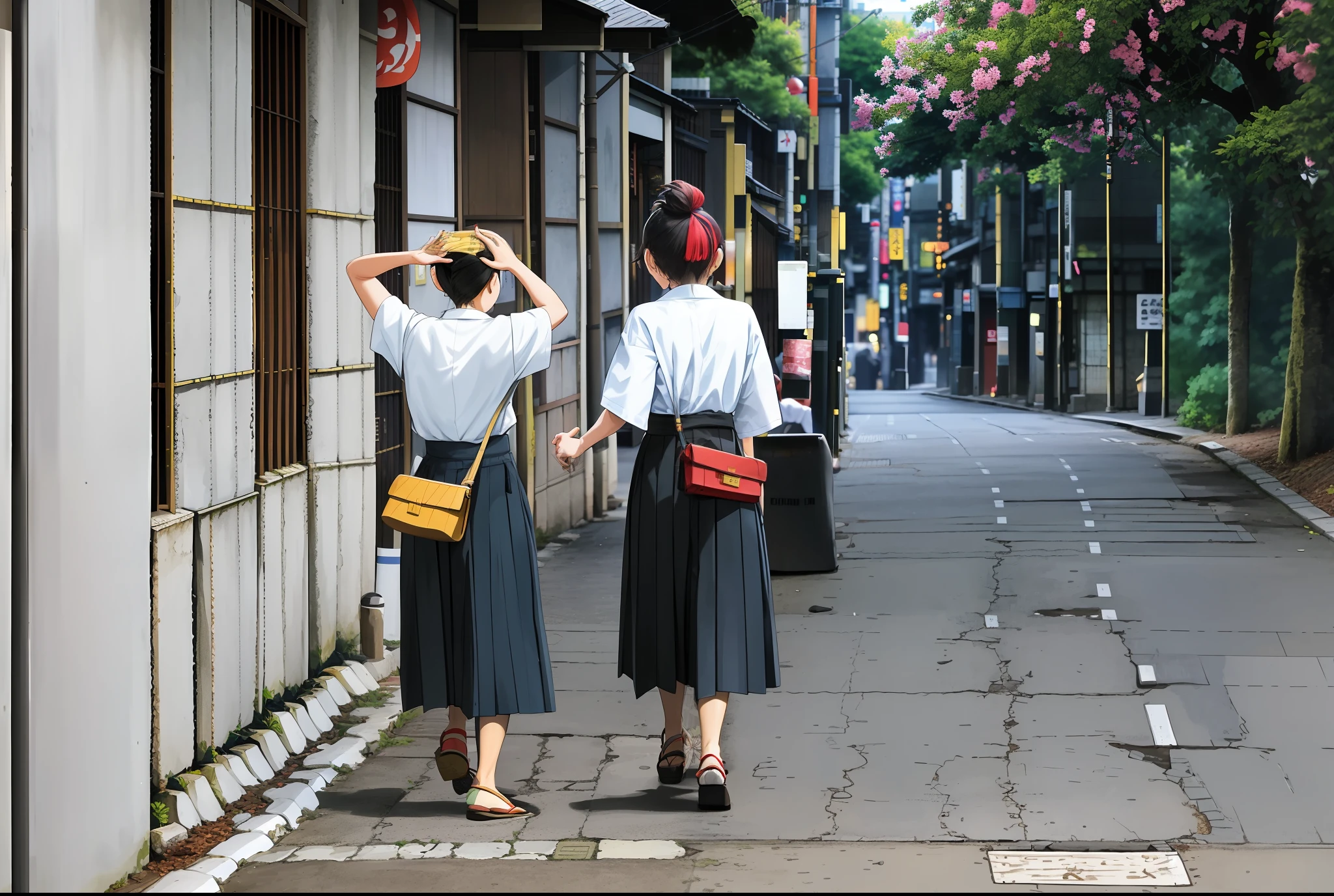 two women walking down a street in a city with a purse, wearing hakama, in city street, in a tokyo street, travelers walking the streets, walking away from the camera, in the streets of tokyo, clothed in ancient street wear, japanese city street fashion, in the street, on a street, dressed with long fluent clothes, in tokio