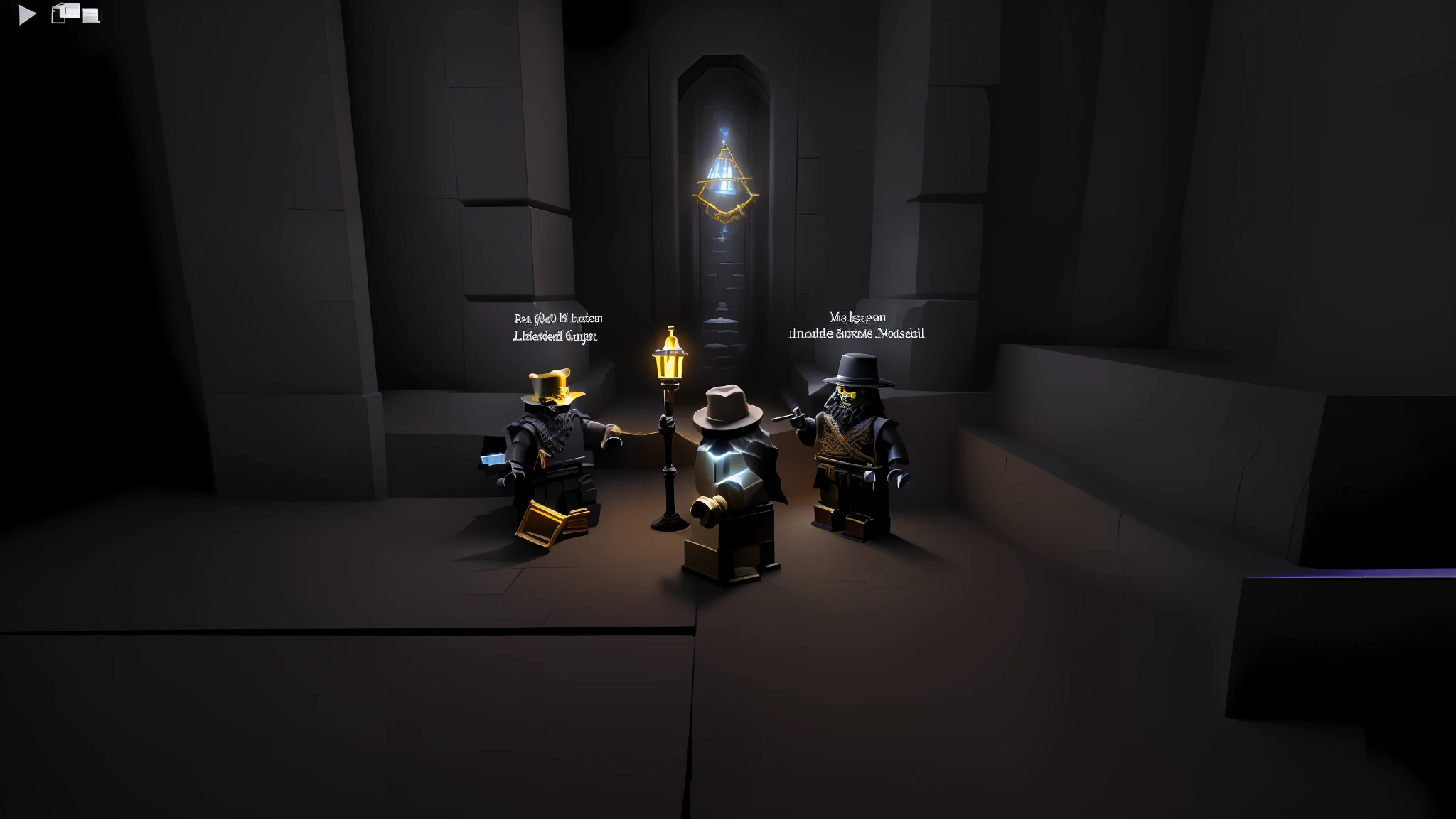 legos are standing in a dark room with a light on, roblox screenshot, in a throne room, cave prison, ferred - themed robes and hat, inside a dungeon, in an ancient vault, adventuring party, set in bank vault room, with a creepy secret temple, the mines of moria, the entrance of valhalla, mines of moria, underground temple