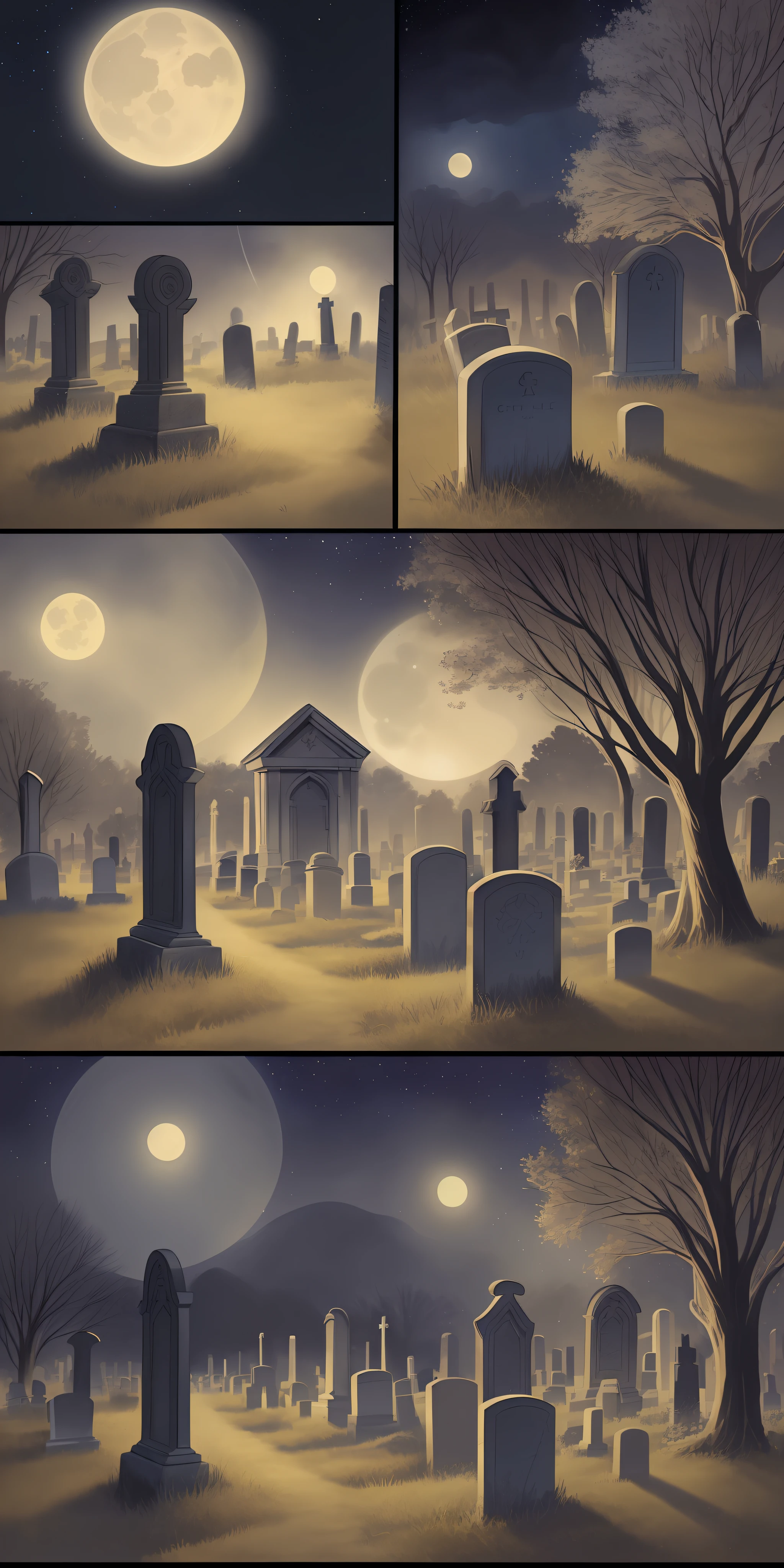 (One page of comics: 1.2), (a girl in the cemetery at night: 1.2), (strong shadows, faint light), (starry sky, bright moonlight), (gloomy atmosphere), (thin, straight letters), (speech bubbles: 0.9), (6 panels: 0.9).
