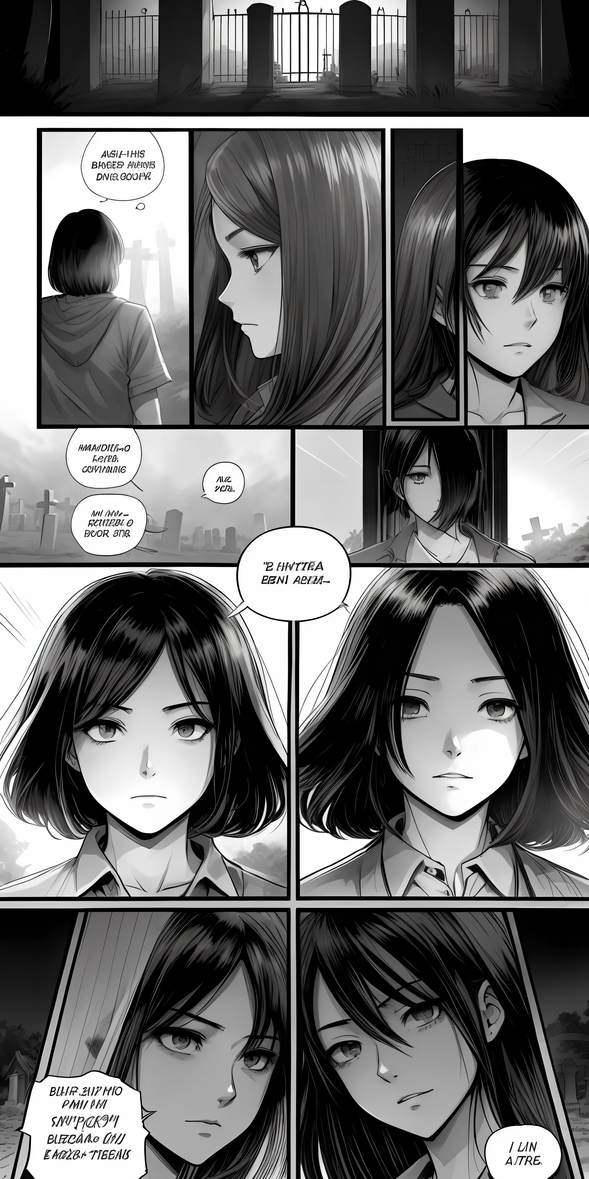 "A manga page with 6 panels and speech bubbles, a gripping drama with a black-haired young woman in a cemetery at night. Dynamic framing, dark lighting, sinister and immersive atmosphere. "