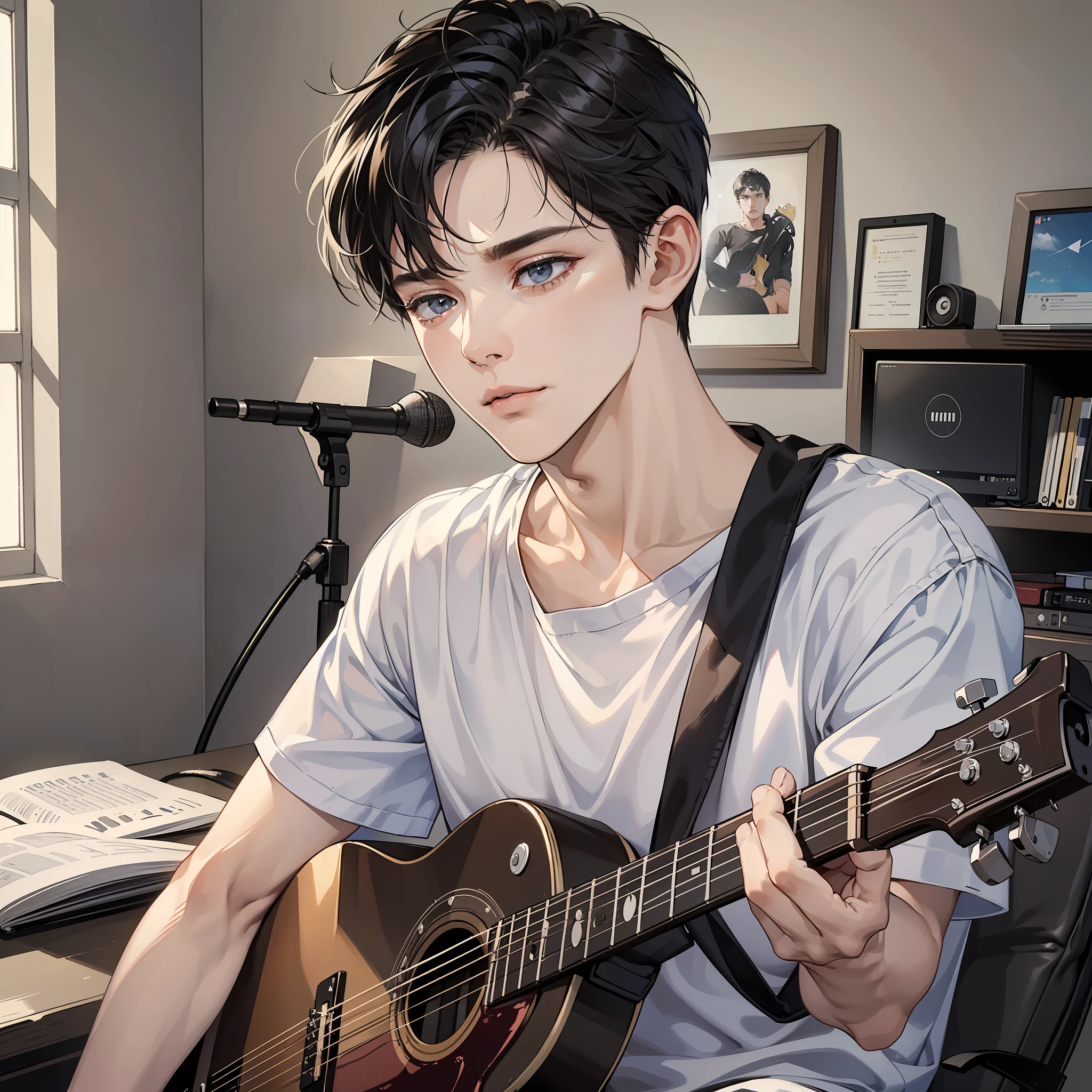 Masterpiece, high quality, best quality, HD, realistic, perfect lighting, detailed face, detailed body, 1 man, short black hair, white t-shirt, (sad expression: 1.5) (sad face: 1.5), wearing headphones, sitting in front of computer screen, holding guitar, soulful singing, closed eyes, microphone, in the room
