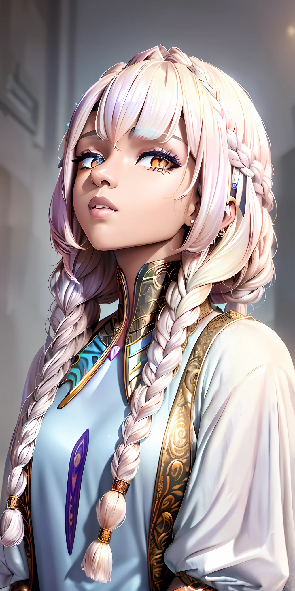 best quality, masterpiece,((african goddess woman)), dark skin, (realy luxuriant afro-textured hair rainbowned), gorgeous, sexy, curvy, busty, (geisha eyes), ((heterochromia eyes)), looking up, upper body,hair strand,Fair skin,side braids