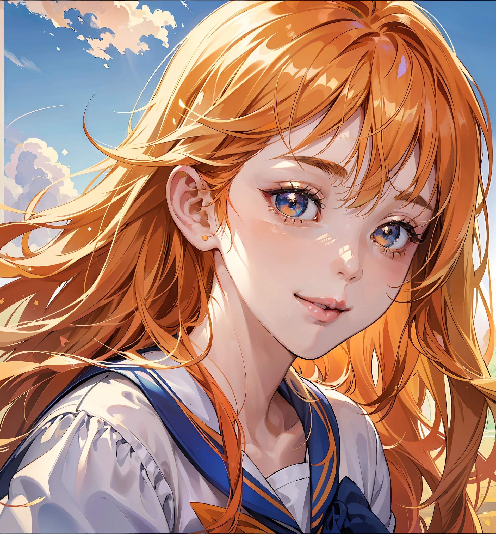 (high resolution, super detail), Japan person, 1 girl,  high school girl, (orange with gradient hair)), cute sailor suit, long hair, dull bangs, (different color eyes (left and right color eyes)), fine and detailed eyes and detailed golden ratio face, sunlight, iridescent light grains, complex light reflection, background blue sky, transparency, hidden beauty, smile