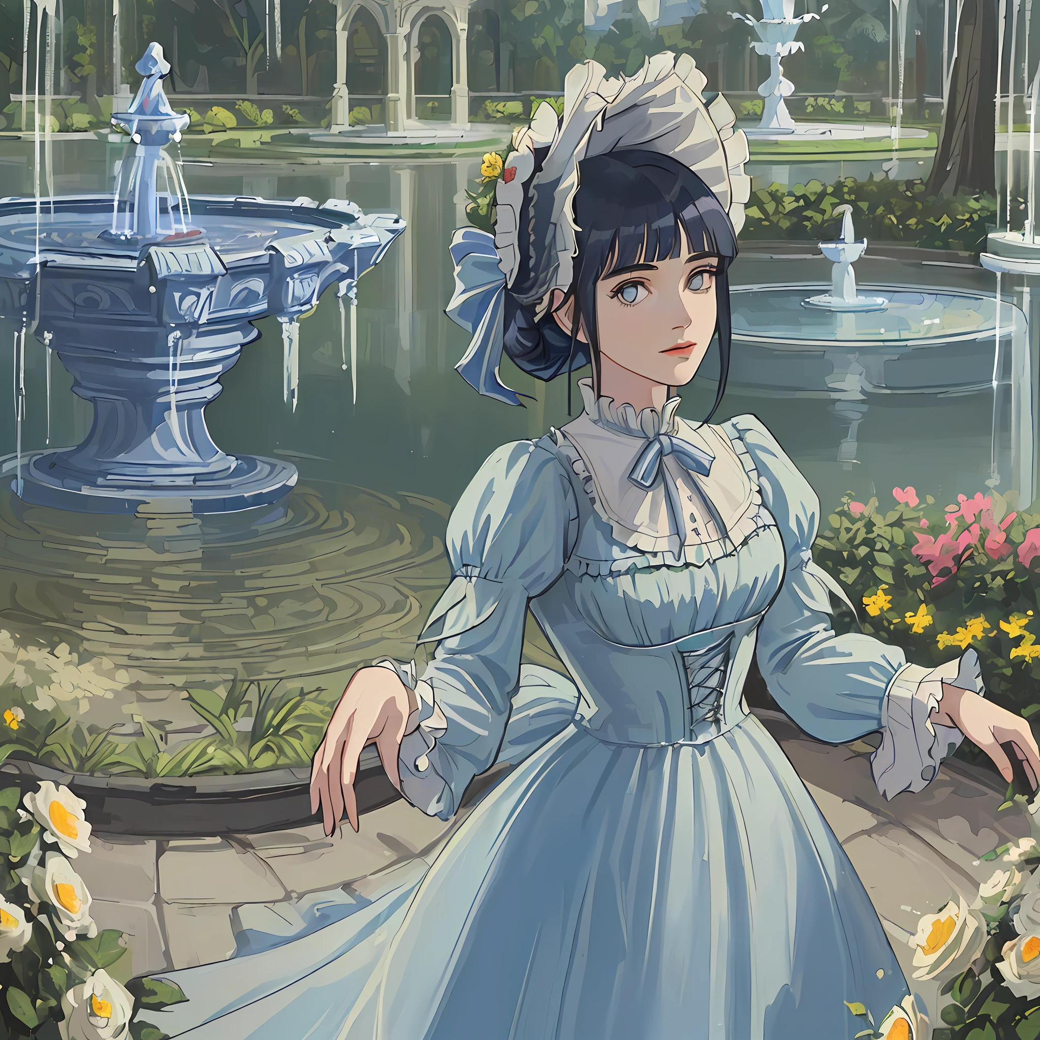 ((((masterpiece)))), (best quality), ((Hyper detailed)), ((High
 detail)), ((Exquisite detail)), (1 girl), (solo), (cowboy shot), (looking
 at viewer),((outside)), (((antique))), ((palace)), ((garden)), ((fountain)),
(flower), ((mature female)),((victorian dress)), ((??????????????)),
((bonnet)), (updo), hinata/(boruto/), dark blue hair, detailed lips
