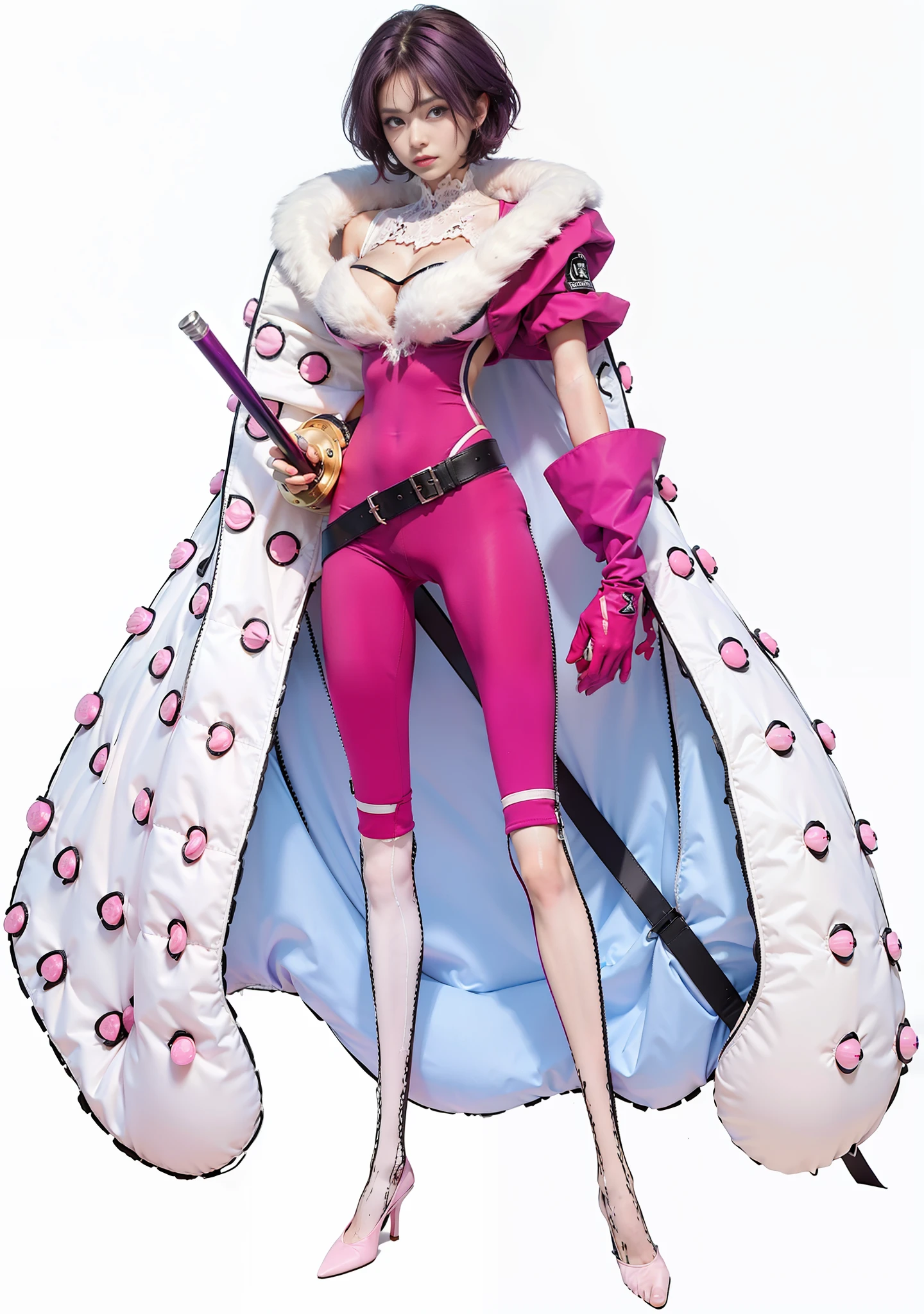(female:1.2) (bodybuilder:0.8), masterpiece, photorealistic, 1girl, short hair, purple hair, large breasts, pink clothes, pink gloves