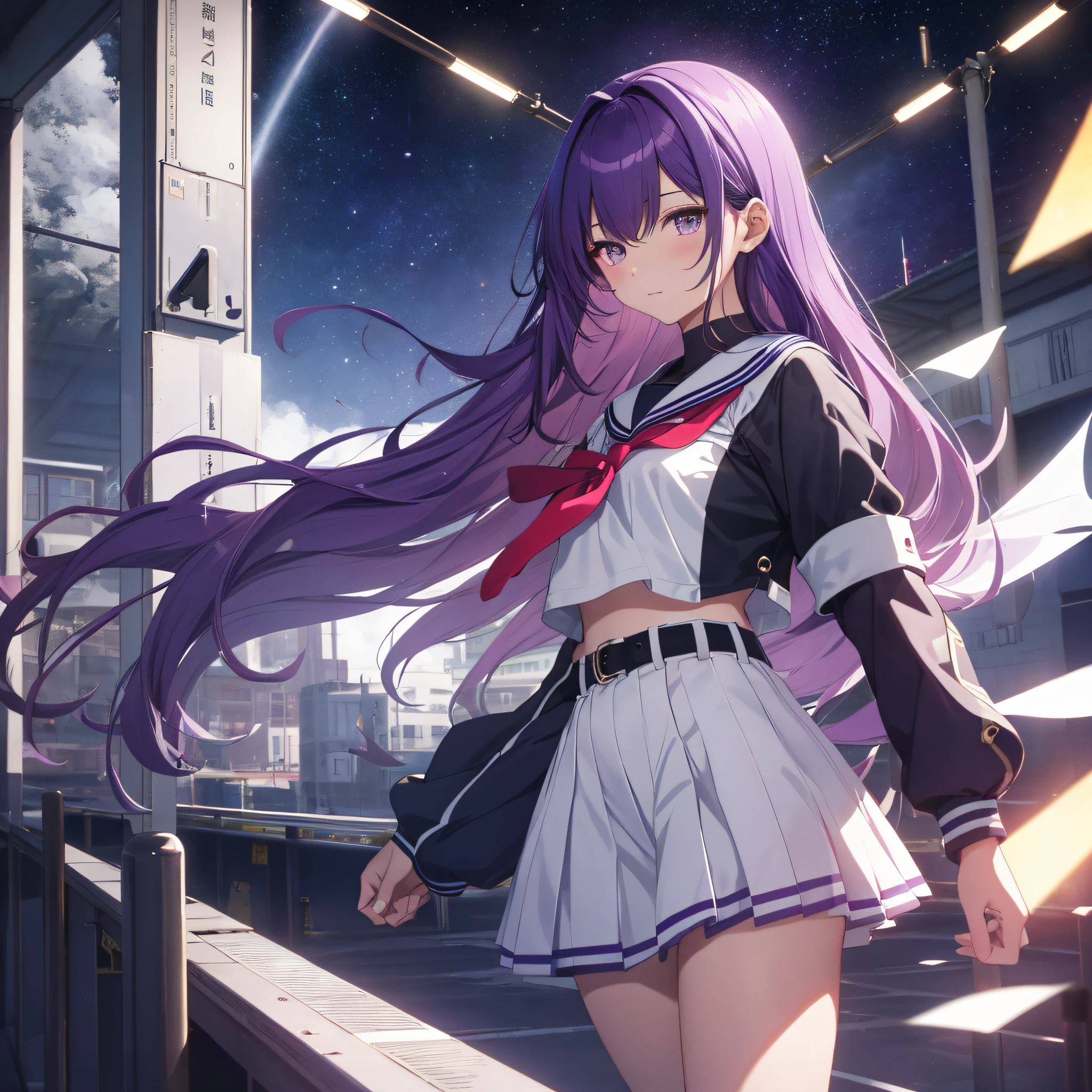 An eighteen-year-old young woman with long purple hair in a sailor suit stands at school (background is Void 1.5) (expression serious, indifferent 1.5) (best quality: 1.1) (masterpiece: 1.3) with unparalleled masterpiece, surreal 8K, perfect artwork, super detail, best quality, masterpiece 4K wallpaper aesthetics, masterpiece, award-winning artwork, official art, cinematic lighting