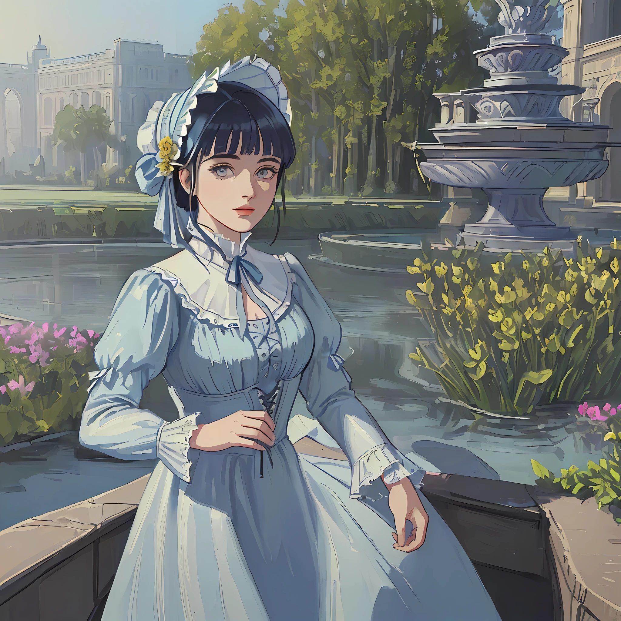 ((((masterpiece)))), (best quality), ((Hyper detailed)), ((High
 detail)), ((Exquisite detail)), (1 girl), (solo), (cowboy shot), (looking
 at viewer),((outside)), (((antique))), ((palace)), ((garden)), ((fountain)),
(flower), ((mature female)),((victorian dress)), ((medium breasts)),
((bonnet)), (updo), hinata/(boruto/), dark blue hair, detailed lips