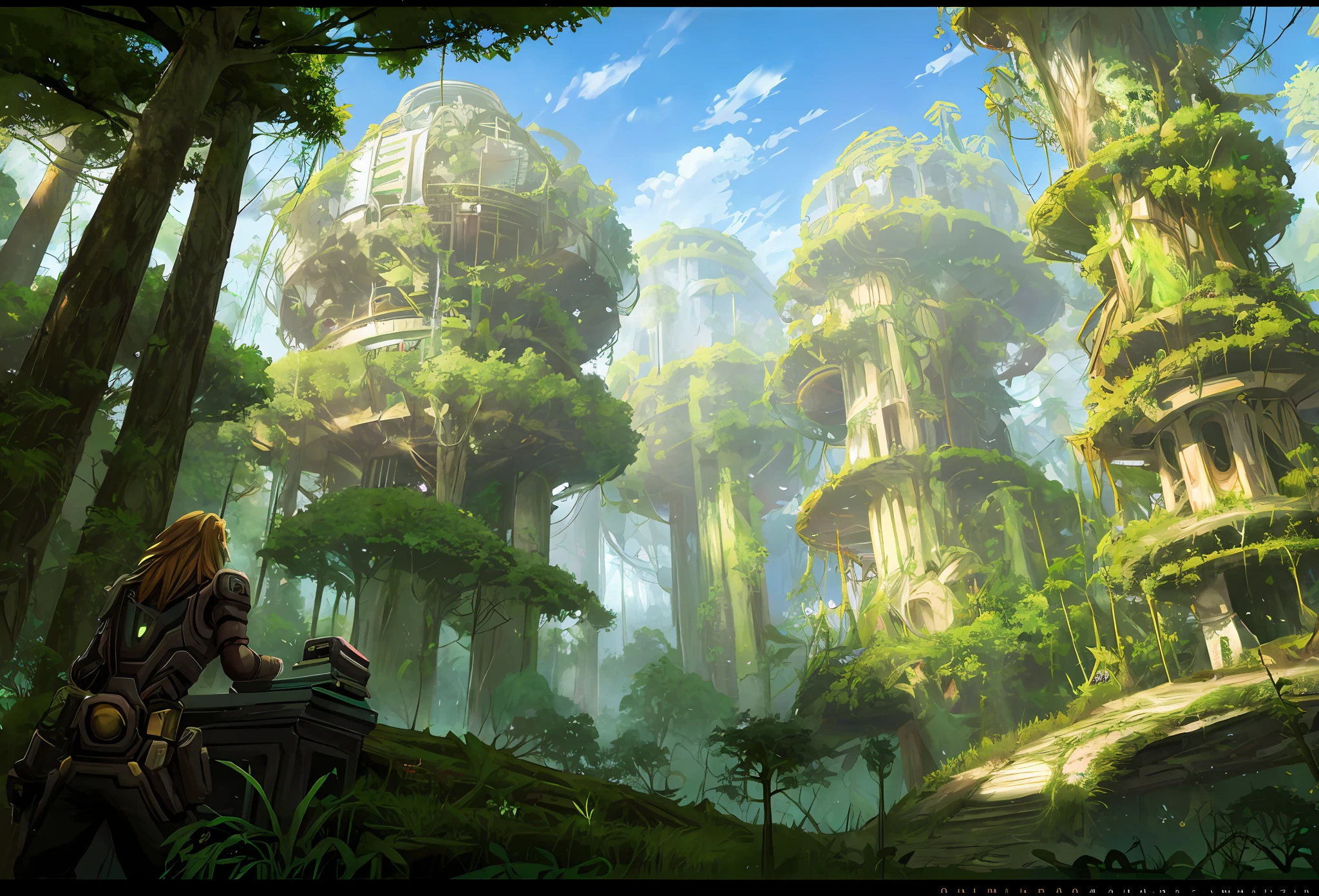 Vista, cyberpunk, machine forest, forest with pictures of trees and grass, magnificent ruins HD, rich detail, 8k, parallel view, League of Legends, overgrown jungle ruins, ancient overgrown weeds! Ruins, jungle background with ruins