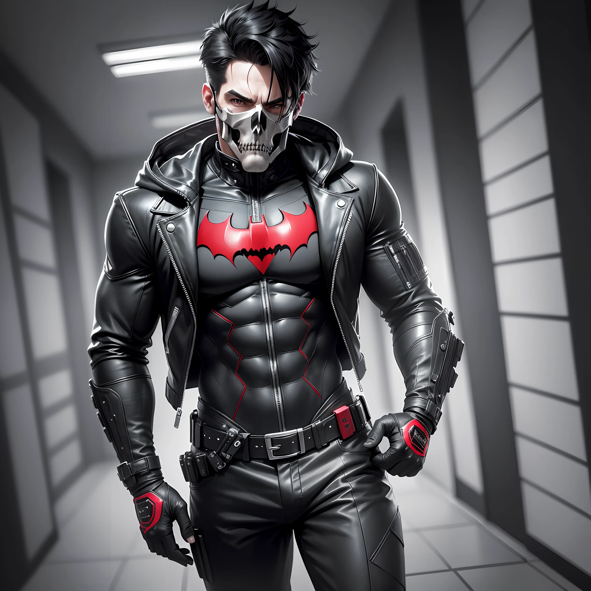 animation,monochrome, grayscale, male focus, simple background, black background, looking at viewer, (mask), viewer-facing, jacket, (((skull)))), ceramic style, best quality, masterpiece, expressionless, ultra high res, detailed background, realistic, 1man, solo, male, muscular, mature male, short hair, facial hair, real shadow and light, depth of field, chest, biceps, abdominals, high, Jason Todd , black hair , biker jacket, hooded jacket , collared blouse , black blouse , batman print , batman symbol, batman symbol, chest symbol of blouse , tactical style glued pants, complex. technological mask, ultra technological, red color, full red mask --auto --s2