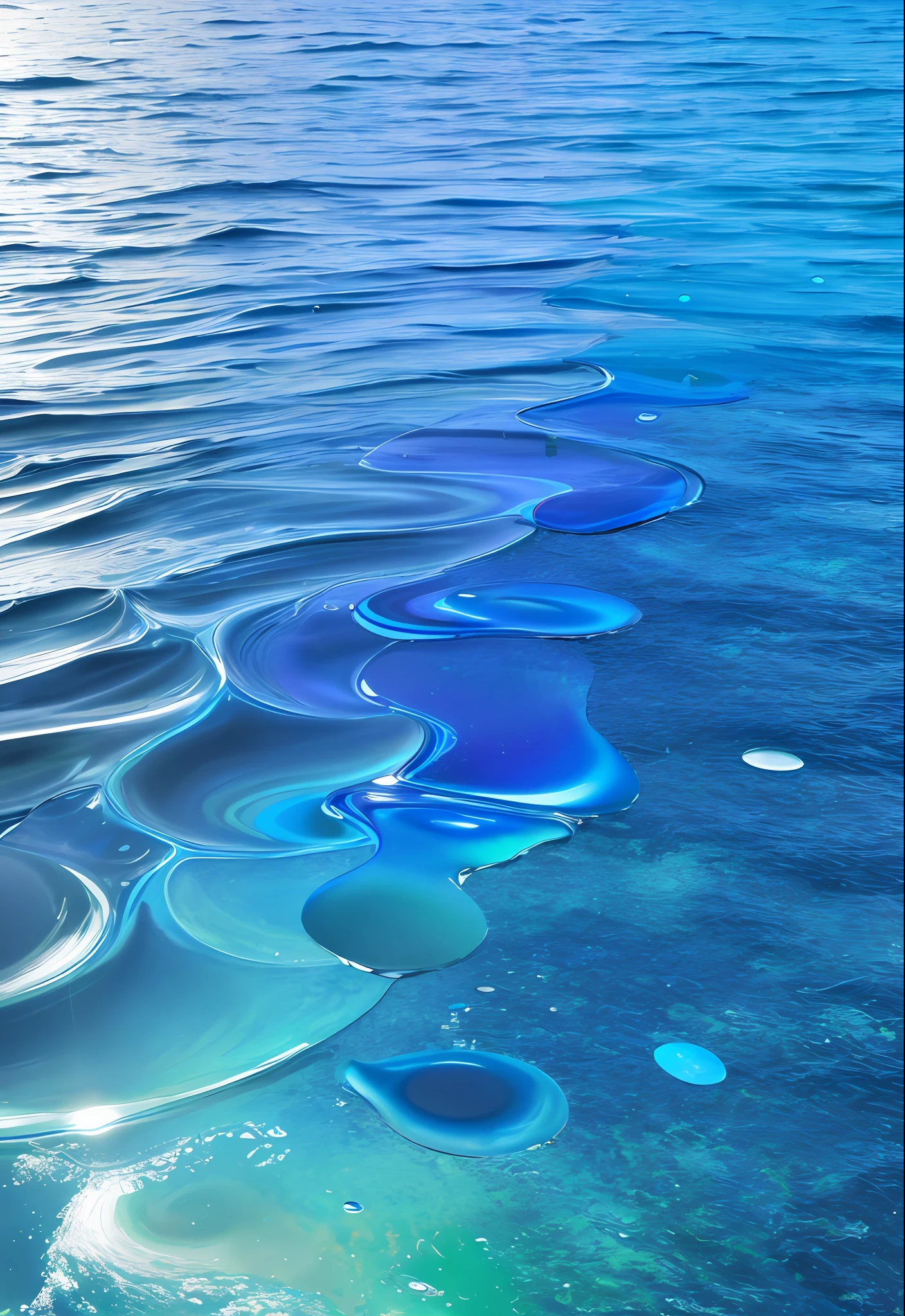 Mobile wallpaper, pure color blocks, blue, dark blue, aurora, natural geometry, gradient, (fluid), water droplets, round water droplets, ripples formed in dripping water, high quality, round,