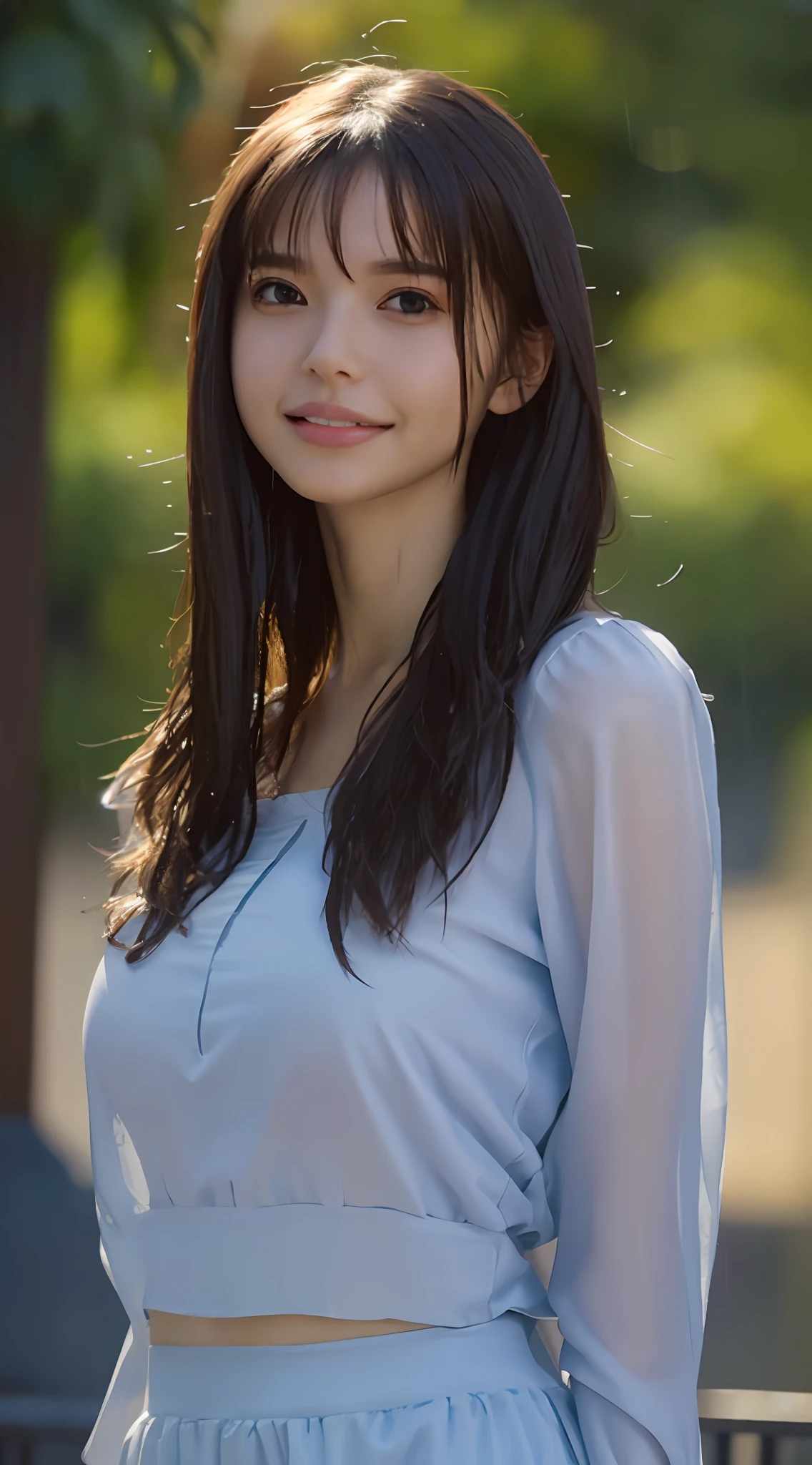 (Best Quality, 4K, Masterpiece: 1.3), Beautiful Woman, 1, (Breasts, Perfect Body: 1.2), Abs: 1.1, Dark Brown Hair: 1.1, (Wet Rain, Wet Body: 1.2), Ultra-Detailed Face, Detailed Lips, Detailed Eyes, Double Eyelids, Light Clothing, Nipple Protrusion: 1.3, Clothes Sheer, Clothes Transparent, Smile