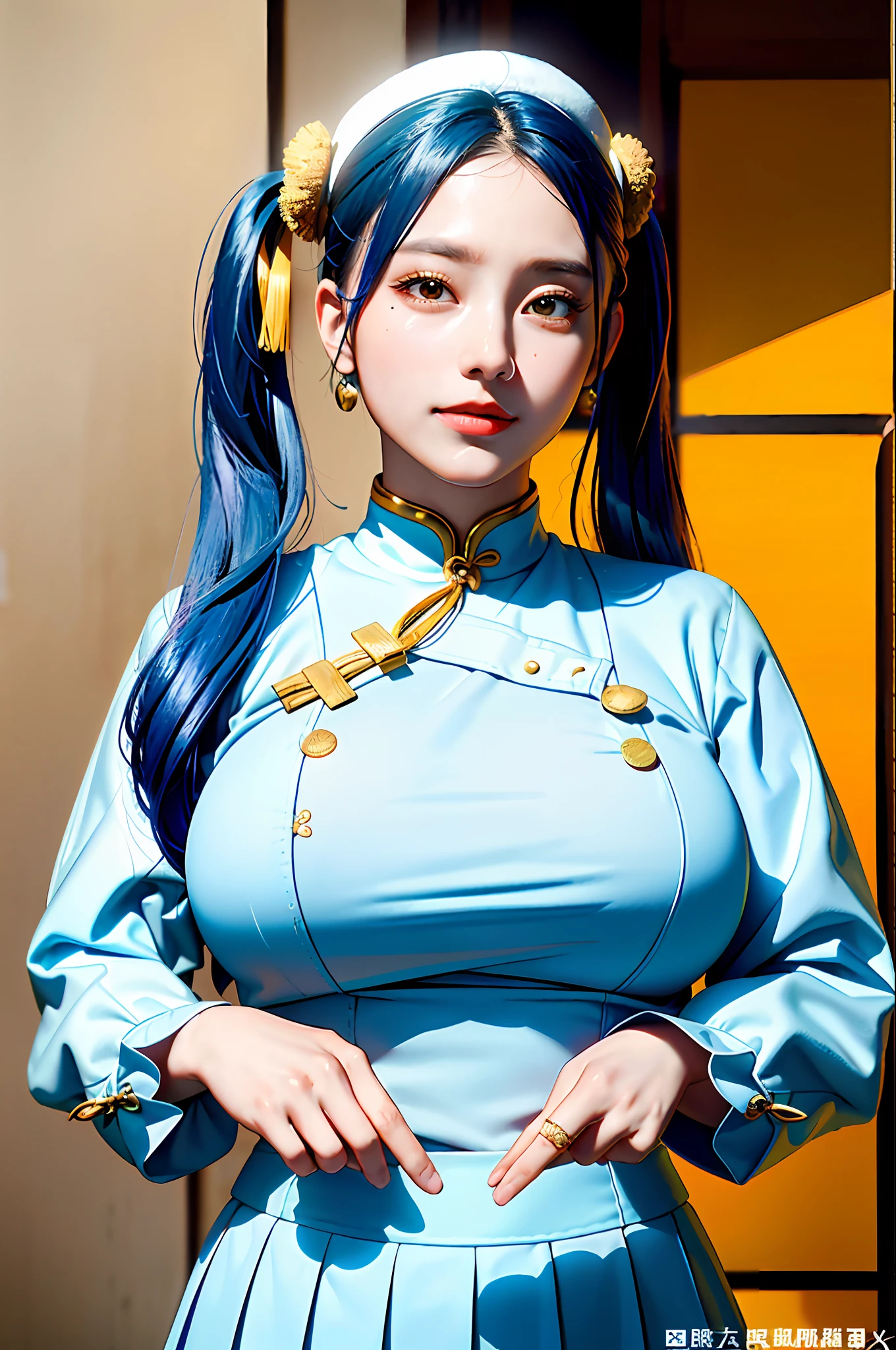 杰作,最佳质量,(深色照片:1.3),逼真,1girl,平刘海,令人惊叹的无辜对称脸,衬衫,情绪化,ulzzang,(PureErosFace_V1:0.7),
Sophia, HAT, blue hair, twintail, yellow eyes, white skirt, long sleeves, smile, (huge breasts:1.4,) upper body, from below, cameltoe, white panties, jewelry, hands on chest,see-through, looking at viewer, hair ornament, choker, shy, (masterpiece, top quality, best quality, official art, beautiful and aesthetic:1.2), (1 girl), extreme detailed, colorful, highest detailed, city,street, leaning, wall, sun, cloud,
