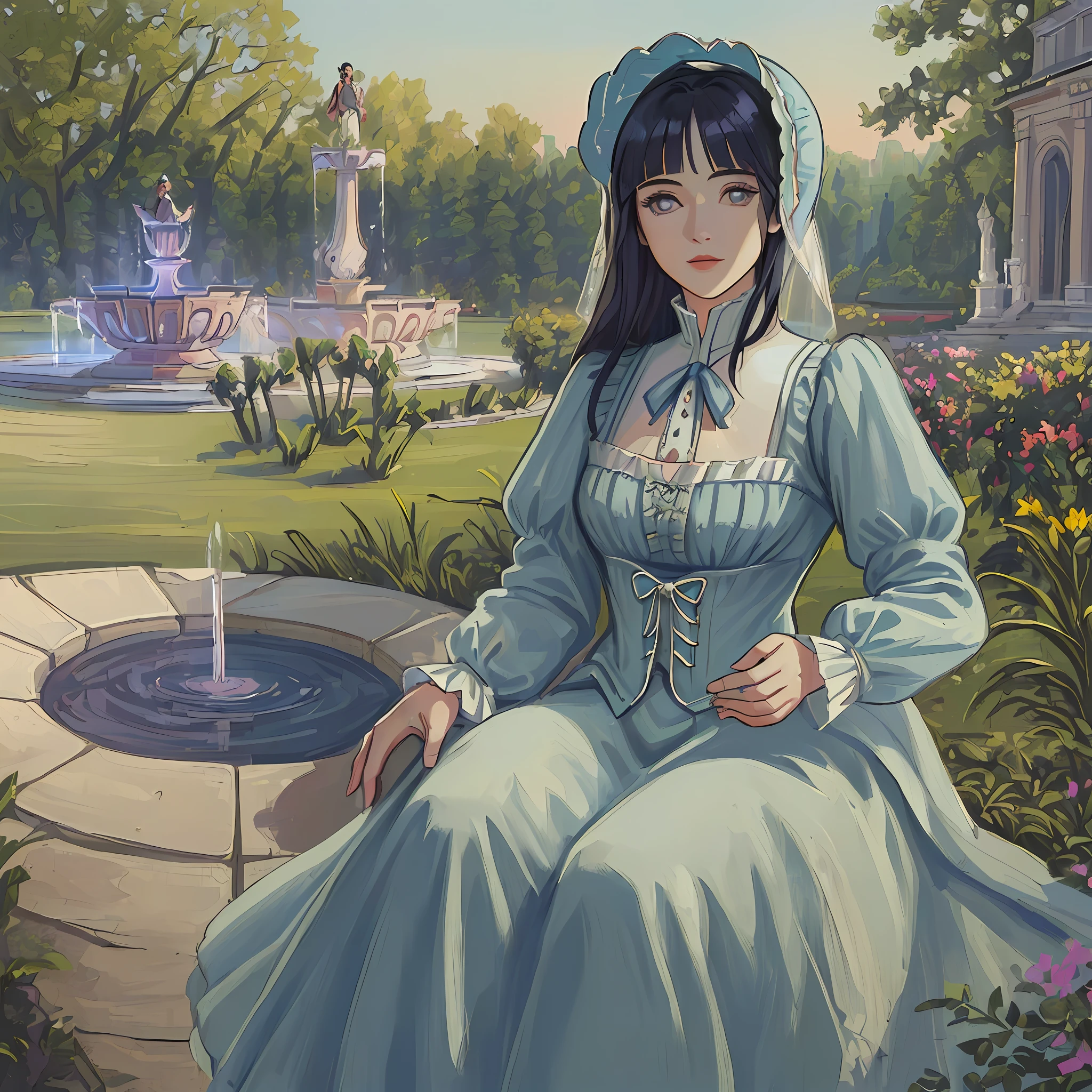 ((((masterpiece)))), (best quality), ((Hyper detailed)), ((High
detail)), ((Exquisite detail)), (1 girl), (solo), (cowboy shot), (looking
at viewer),((outside)), (((antique))), ((palace)), ((garden)), ((fountain)),
(flower), ((mature female)),((victorian dress)), ((medium breasts)),
((bonnet)), (long hair), hinata/(boruto/), dark blue hair, detailed lips