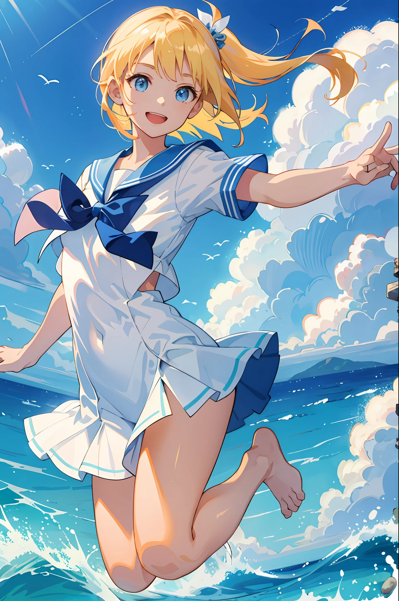 Masterpiece, best quality, ultra-fine CG unity 8k wallpaper, no detail is missed, 1 woman, cheerful jump, seaside, brilliant bright sky, fresh and energetic blonde, pure and cute sailor suit.