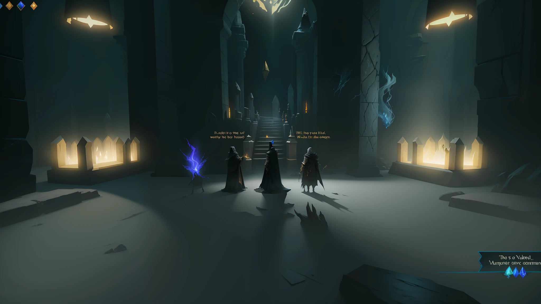 there are three warriors standing in a dark room with a light on, mages, dark robes, entrance to ethereal realm, unity screenshot, black robes, the entrance of valhalla, vast ice dungeon, in dark robes with gold accents, mage tower far away, summoning undead friends, void, underwater, abyss, depths, in a throne room, mmorpg scene, adventurer party, dnd, medieval, dark fantasy