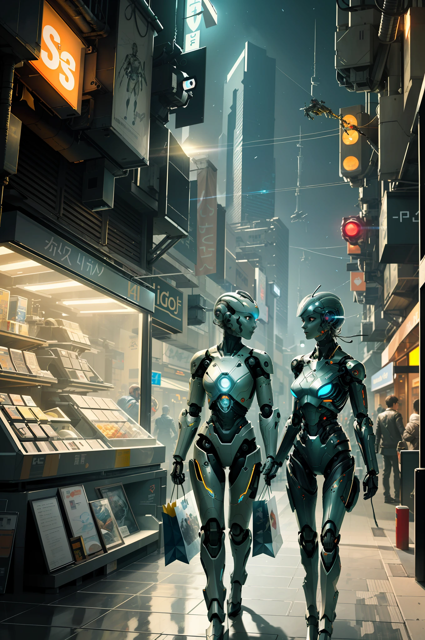 A robot, mechanical body, line, female, glowing chest, shopping bag in hand, sci-fi style clothing store, futuristic city, masterpiece, 4k, rich detail, hyper-realistic, complex scene, cinema lens, F/1.6, vignetting