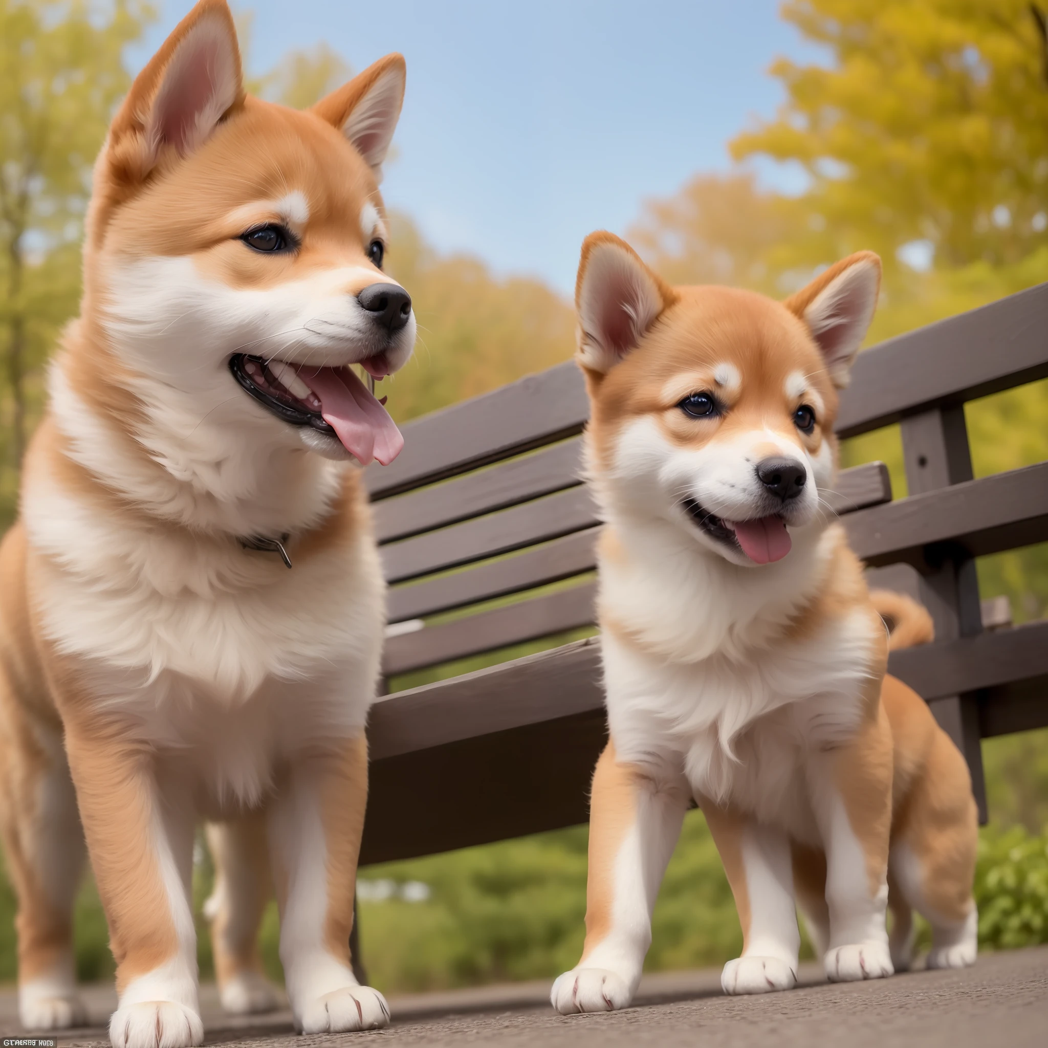 ((Amazing picture)), ((Best Quality, 8k, Masterpiece: 1.3)), (1 Shiba Inu), (Puppies))), (Happy look))) (Very cute dog) Big eyes, playing in the Japan park, bench, blue sky, colorful, autumn