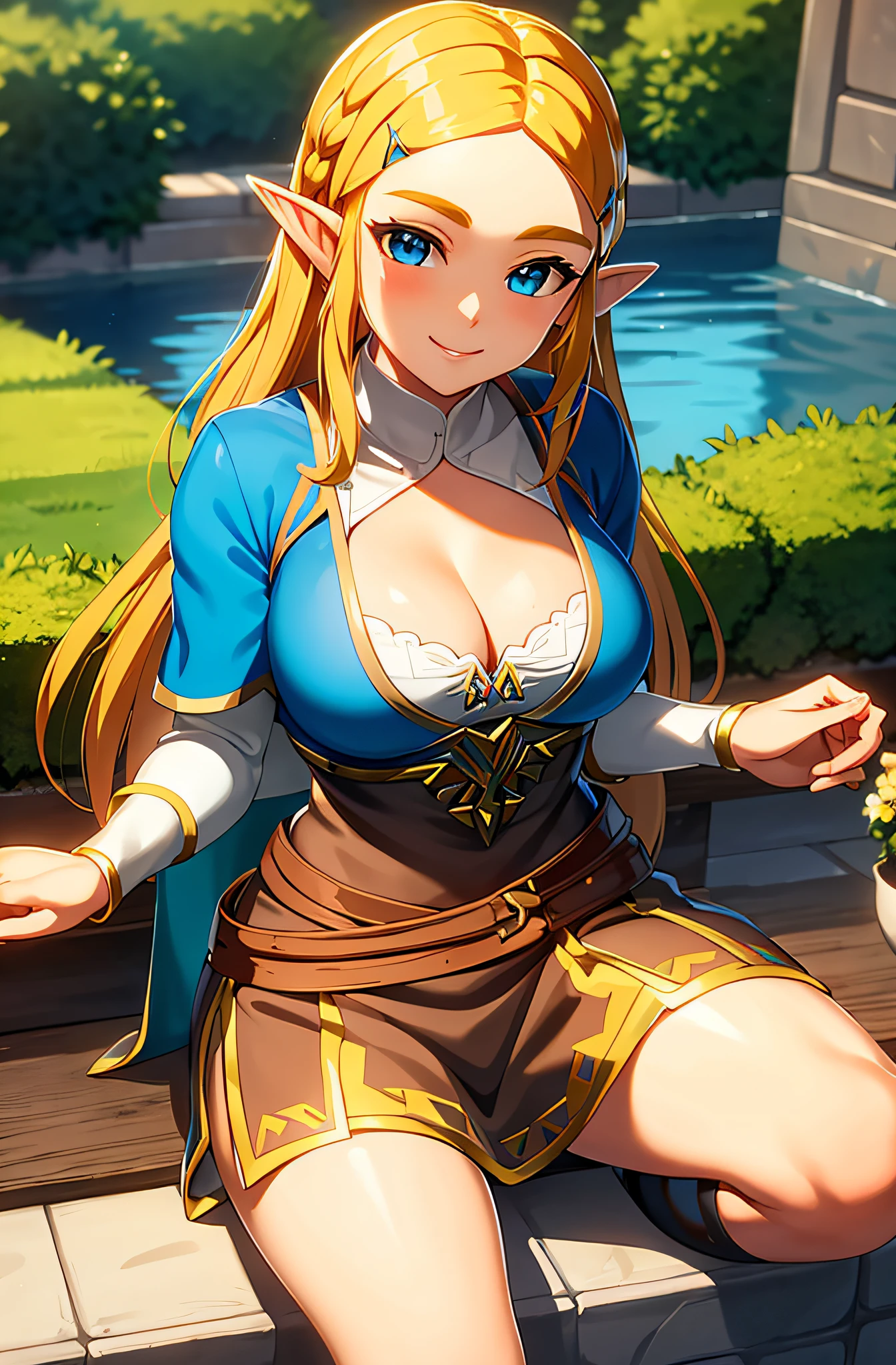 masterpiece,best quality,zelda\(princess\), 1girl, solo, large breasts, cleavage, smile, long_hair, school uniform, facing viewer,