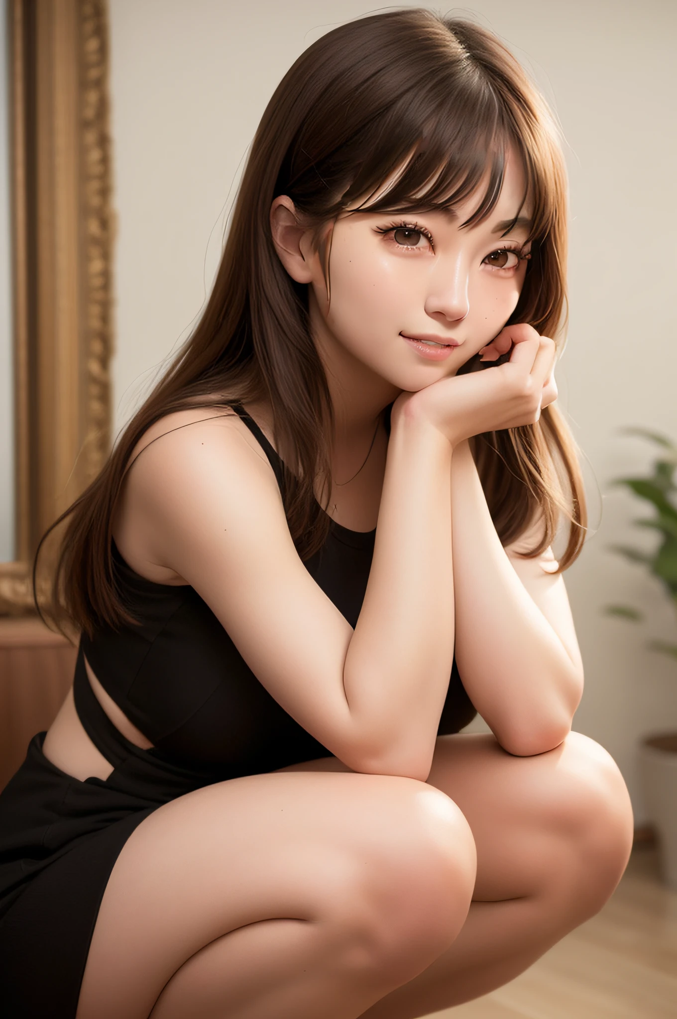 arafed asian woman in a black dress crouching down, taken with canon eos 5 d mark iv, 奈良美智, chiho, attractive pose, japanese model, gorgeous young korean woman, beautiful young korean woman, realistic young gravure idol, taken with canon 5d mk4, beautiful japanese girls face, cute elegant pose