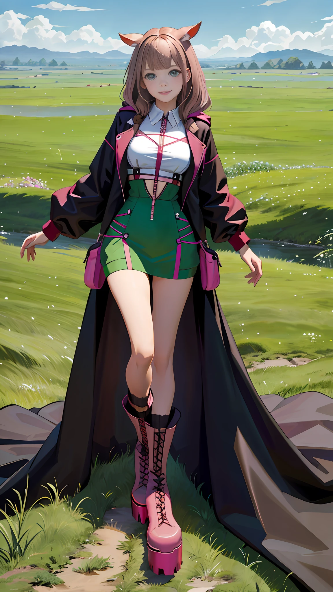 Masterpiece, top quality, super detail, beautiful lighting, one woman, 30 years old, (light brown hair: 1.4) and pink hair mixed hair, long straight hair with dull bangs, large drooping eyes (emerald green eyes), +_+,horse ears, horse tail, cyberpunk, futuristic red jacket, lace-up, platform boots, smiling, looking at the viewer, running figure, wide angle, grass meadow