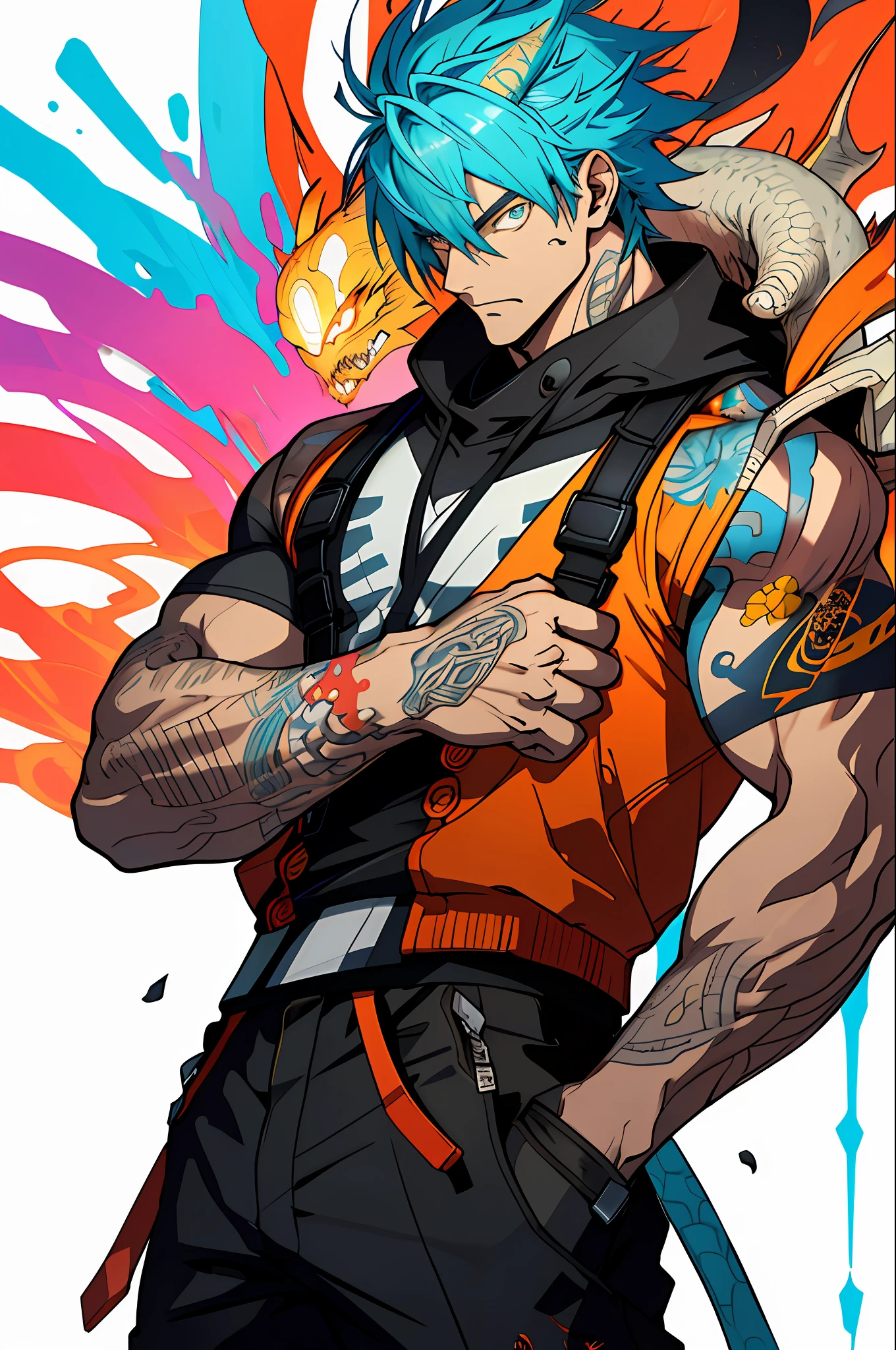 background, mixed-language_text, Japanese letters in graffit ,boys, excellent lighting, sidelighting, (), vhsKeeper,, style GUILTY GEAR -STRIVE perfect ultimate (flat color: 1.3), (magazine_cover: 1.4), (multicolored_background: 1.3), striped_background, card_background, :: comix style by joe madureira :: circular pieces of white metals glued to the arms coming out shimmering yellow glow, , perfect and detailed, ultra detailed shirt with abstract design and with letter print Japanese in graffiti of the sides of clothing, image of full-body boys fighting alongside you with powerful dragons versus alien creature full of tentacles, with immersive effects, hover effect, background graffiti style tribal tattoo with vibrant colors "HDR ultra" detailed and with focus effect, (masterpiece: 1.2, best quality), (beautiful eyes finely detailed: 1.2), , ((Solo)), (Finely detailed eyes and detailed face :1.3), in various full-body attack poses, (cute background: 1.2),futuristic costume, super detailed circular metals Clinging to arms and pants, fantastic paintings