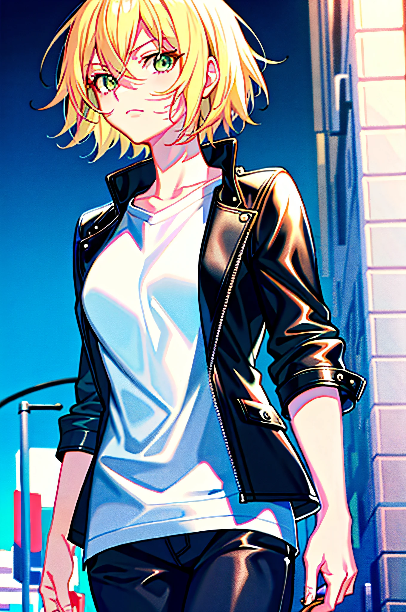 (best quality: 0.8), (best quality: 0.8), perfect anime illustration, 1woman, solo, walking around town, tall, blonde, short hair, green eyes, leather jacket, white t-shirt, black pants, serious facial expression