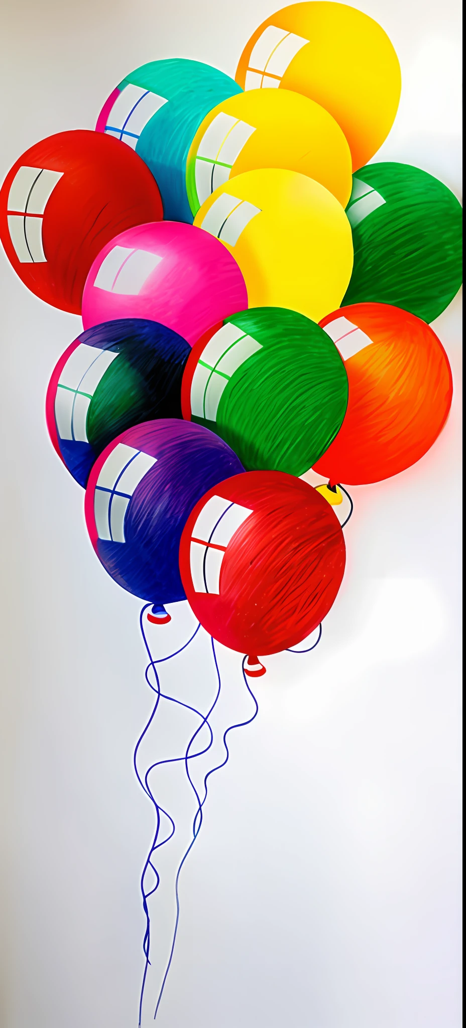 Many balloons, line drawings, children's color pencil drawings