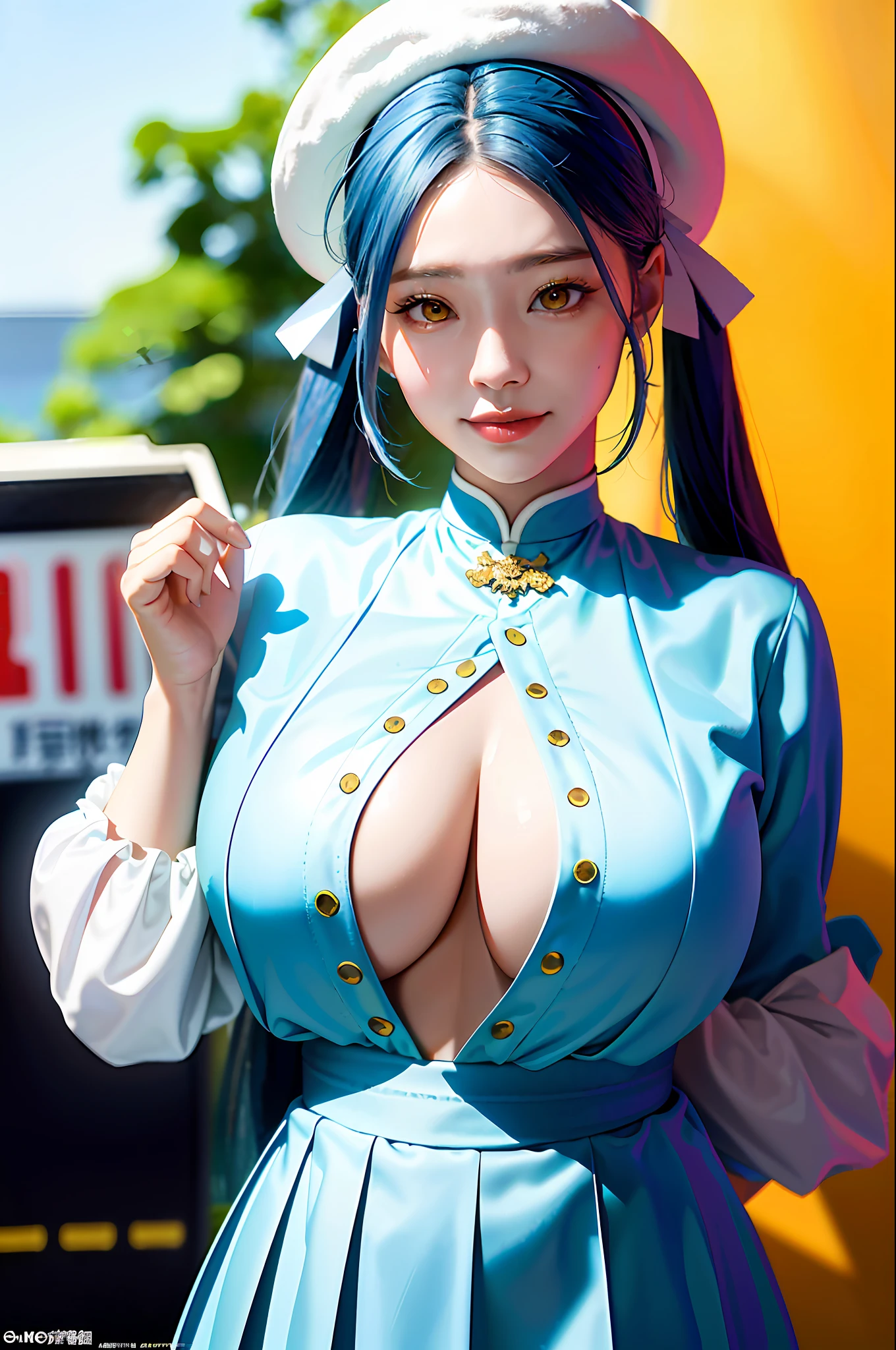 杰作,最佳质量,(深色照片:1.3),逼真,1girl,平刘海,令人惊叹的无辜对称脸,衬衫,情绪化,ulzzang,(PureErosFace_V1:0.7),
Sophia, HAT, blue hair, twintail, yellow eyes, white skirt, long sleeves, smile, (huge breasts:1.4,) upper body, from below, cameltoe, white panties, jewelry, hands on chest,see-through, looking at viewer, hair ornament, choker, shy, (masterpiece, top quality, best quality, official art, beautiful and aesthetic:1.2), (1 girl), extreme detailed, colorful, highest detailed, city,street, leaning, wall, sun, cloud,