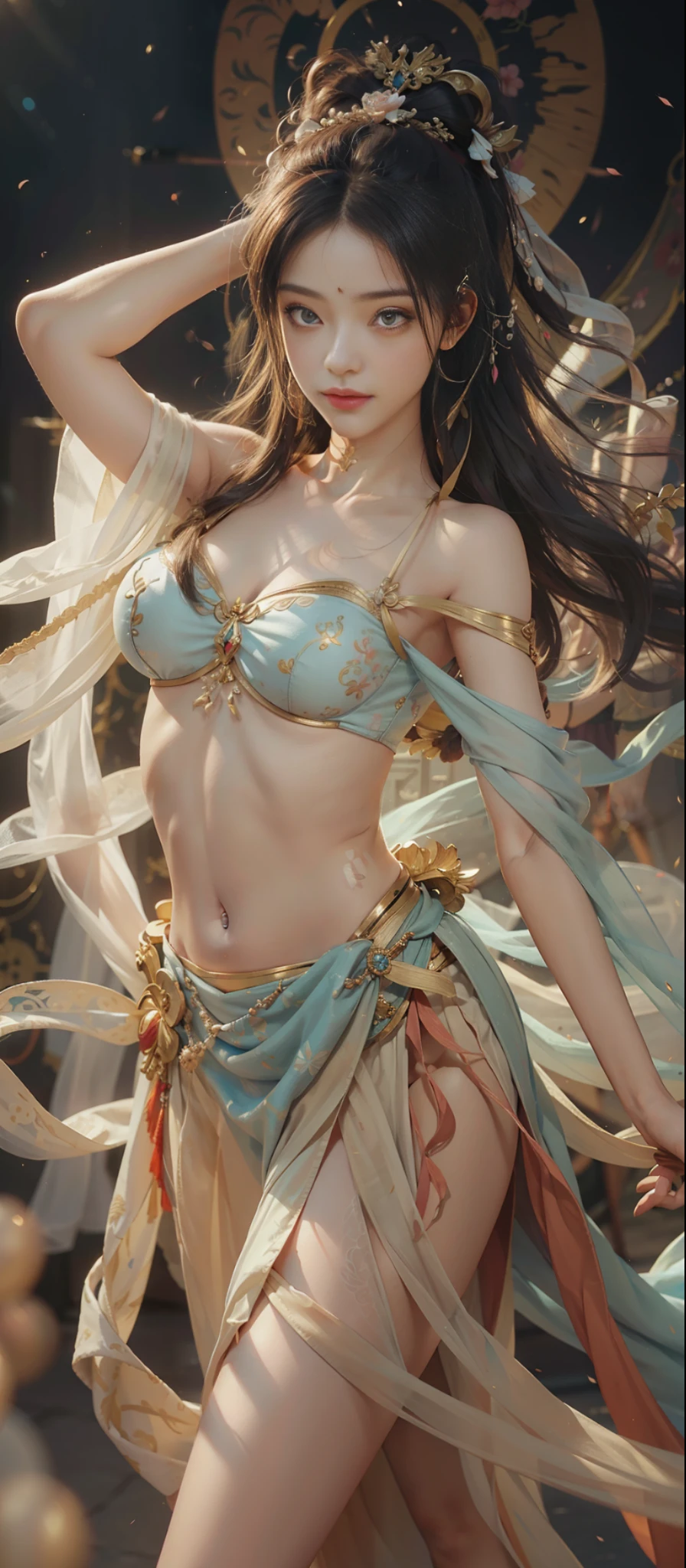 Dunhuang style, 1girle, (realistic, photorealistic real: 1.3), extremely delicate beautiful girl, supple fair skin, delicate facial features, perfect face, light makeup, peach blossom eye makeup, enchanting and sexy pose, sexy collarbone, portrayed hand details, delicate hands, delicate eyelashes, delicate eyes, bare shoulders, stunning beauty, extreme details, realistic details, best quality, highly detailed, masterpiece, shoulder, navel, flying pipa girl, Dunhuang mural in background, dance, Buddhist musical instrument in hand, brunette hair, Very Long Hair, Hair Accessory, Ribbon, Dynamic Perspective, Hair Bubbles, Flowers on Head, Gradient Eyes, Smile, Surrealism, High Detail, Romanticism, Film Lighting, Glitter, Reflected Light, UHD, Retina, Masterpiece, Super Detail, Textured Skin, Anatomically Correct, High Detail, Best Quality, High Resolution, High Quality, Award-Standing, 8K