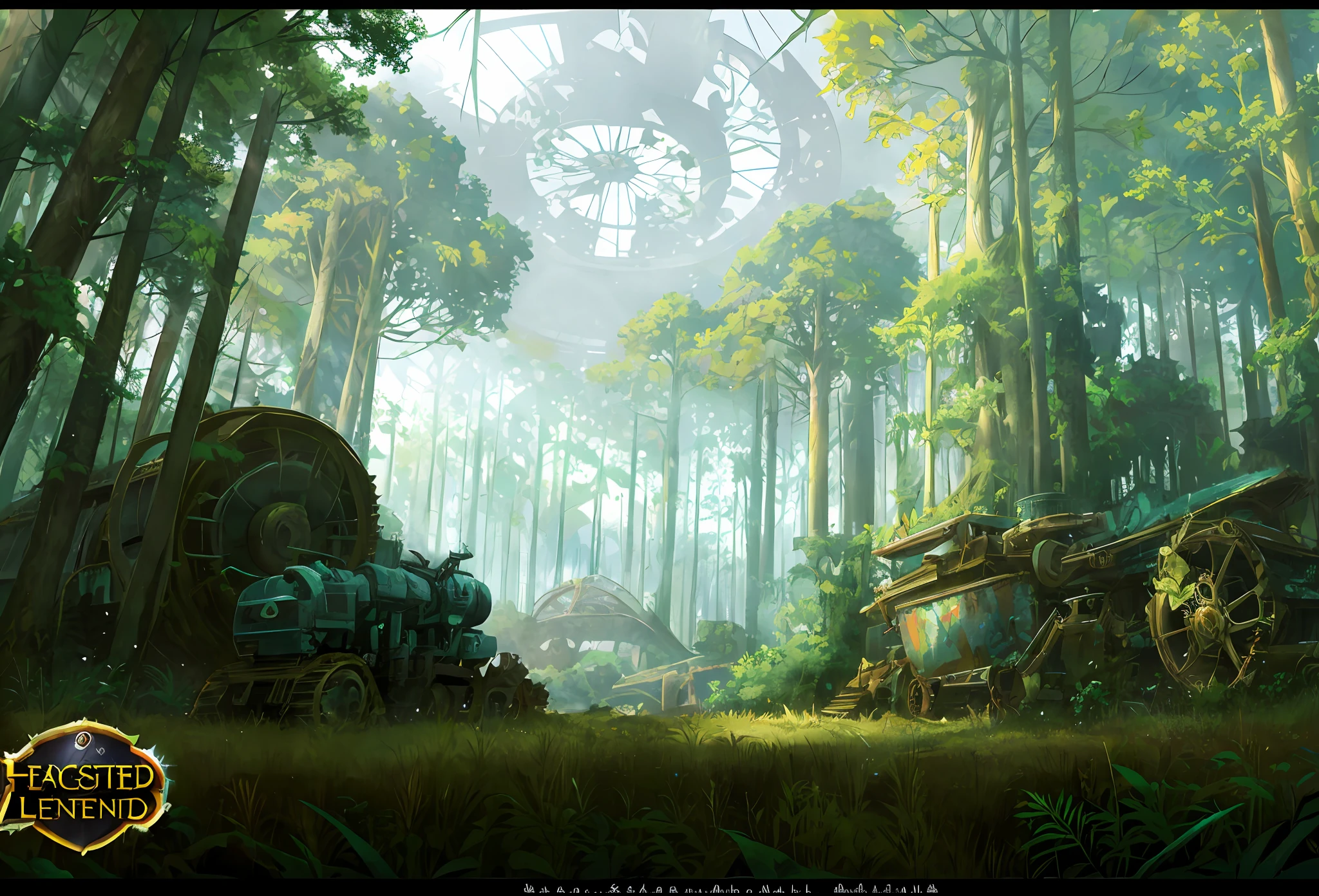 Vista, Machine Forest, Forest with Pictures of Machinery and Grass, No Perspective Magnificent Ruins HD, Rich Detail, 8K, Parallel View, League of Legends, Overgrown Jungle Ruins, Ancient Overgrown Weeds! Ruins, jungle background with ruins