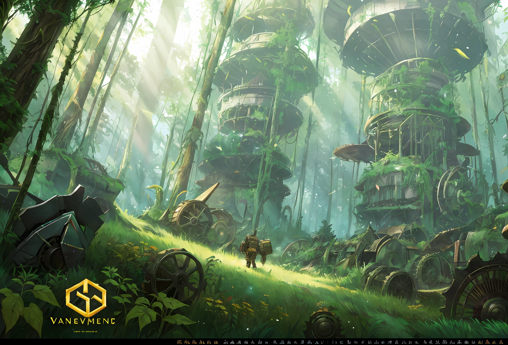 Vista, Machine Forest, Forest with Pictures of Machinery and Grass, No Perspective Magnificent Ruins HD, Rich Detail, 8K, Parallel View, League of Legends, Overgrown Jungle Ruins, Ancient Overgrown Weeds! Ruins, jungle background with ruins