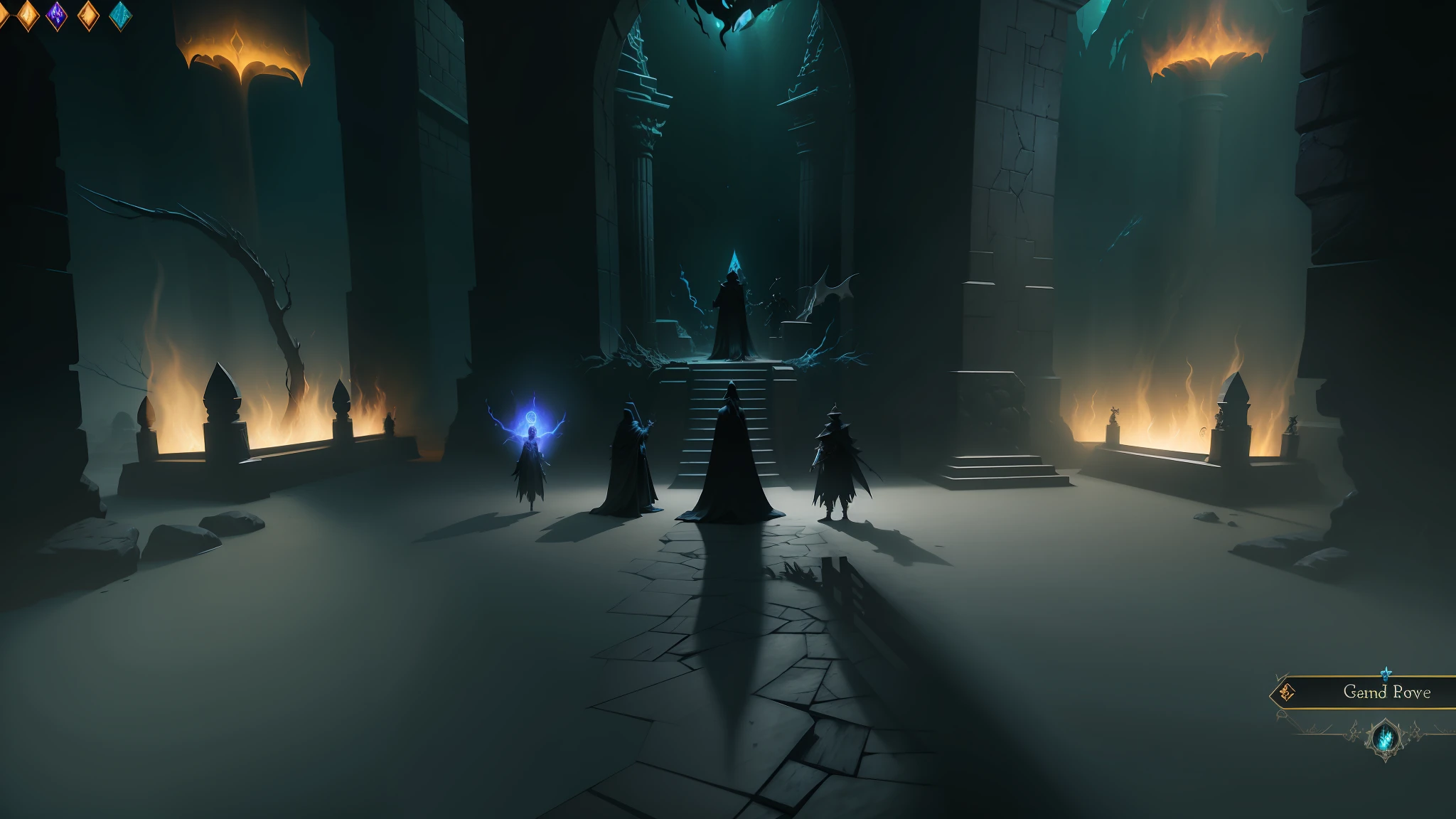 there are three people standing in a dark palace, warriors, summoning an eldritch god, summoning undead friends, screenshot from the game, dark robes, dungeons, video game screenshot>, entrance to ethereal realm, the entrance of valhalla, cultists watching, dark inverted spells, wizard hat cinematic lighting, spellbreak, beautiful and cinematic lighting, summoning undead friends, in dark robes with gold accents, dark robes, dark inverted spells, video game screenshot, screenshot from the game, summoning an eldritch god, raziel irl, entrance to ethereal realm, spellbreak, in a throne room, dungeons, mage tower far away, berserk, dark fantasy, lovecraft, cthulhu, boss fight, adventurer party, dnd, fantasy, mmorpg, raid boss, swords, knights, warriors, mage, wizard, rogue, moody lighting, underwater, abyss, depths, void,