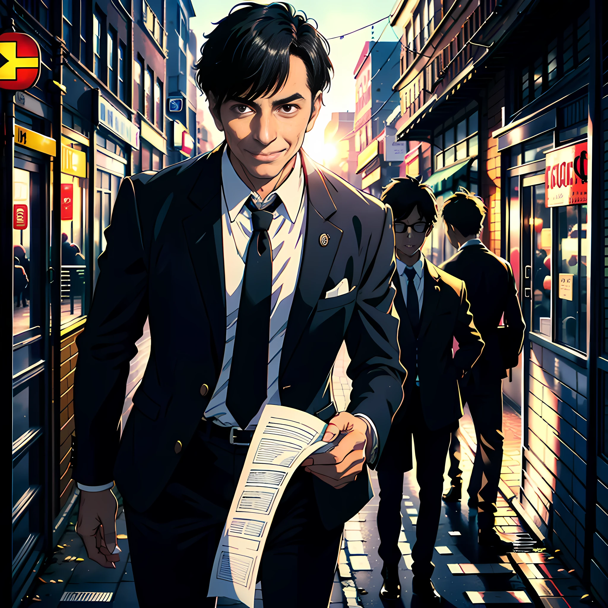 On the street, a middle-aged man, took out a few pieces of paper from his briefcase, face super detailed, wearing a suit, short black hair, black eyes, smiling, super high detail, high real, 4K, chiaroscuro, super detail