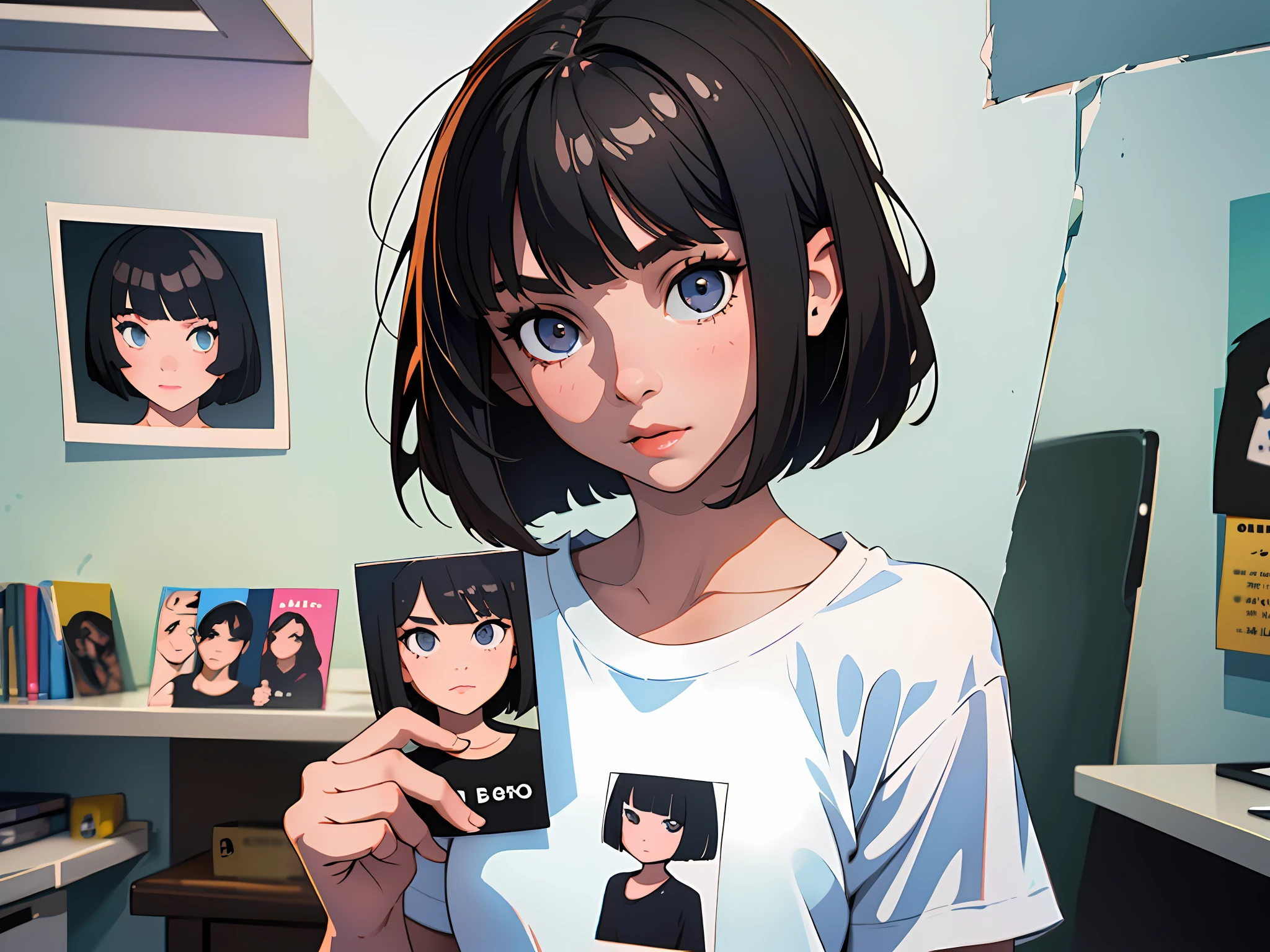 (best quality, masterpiece), a full page photo of 1girl holding a polaroid photo in her hand, black bob cut hair, ((white t-shirt)), eyes not facing camera, white background