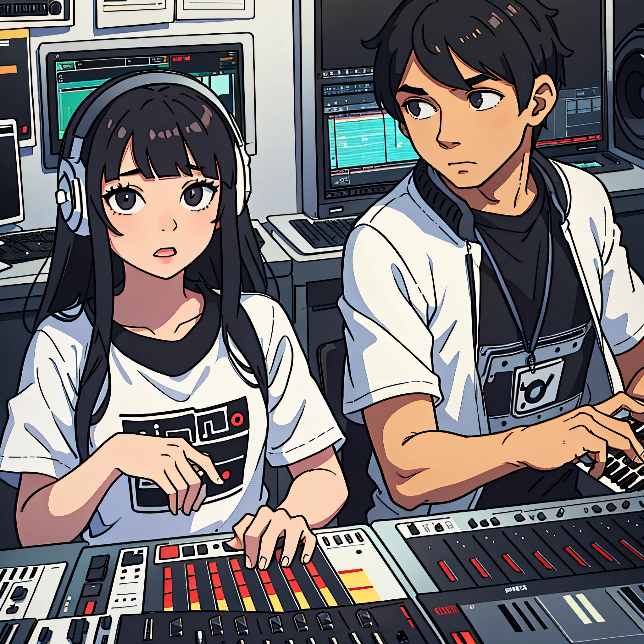 White boy and black boy and a girl with black bangs, making music in flstudio