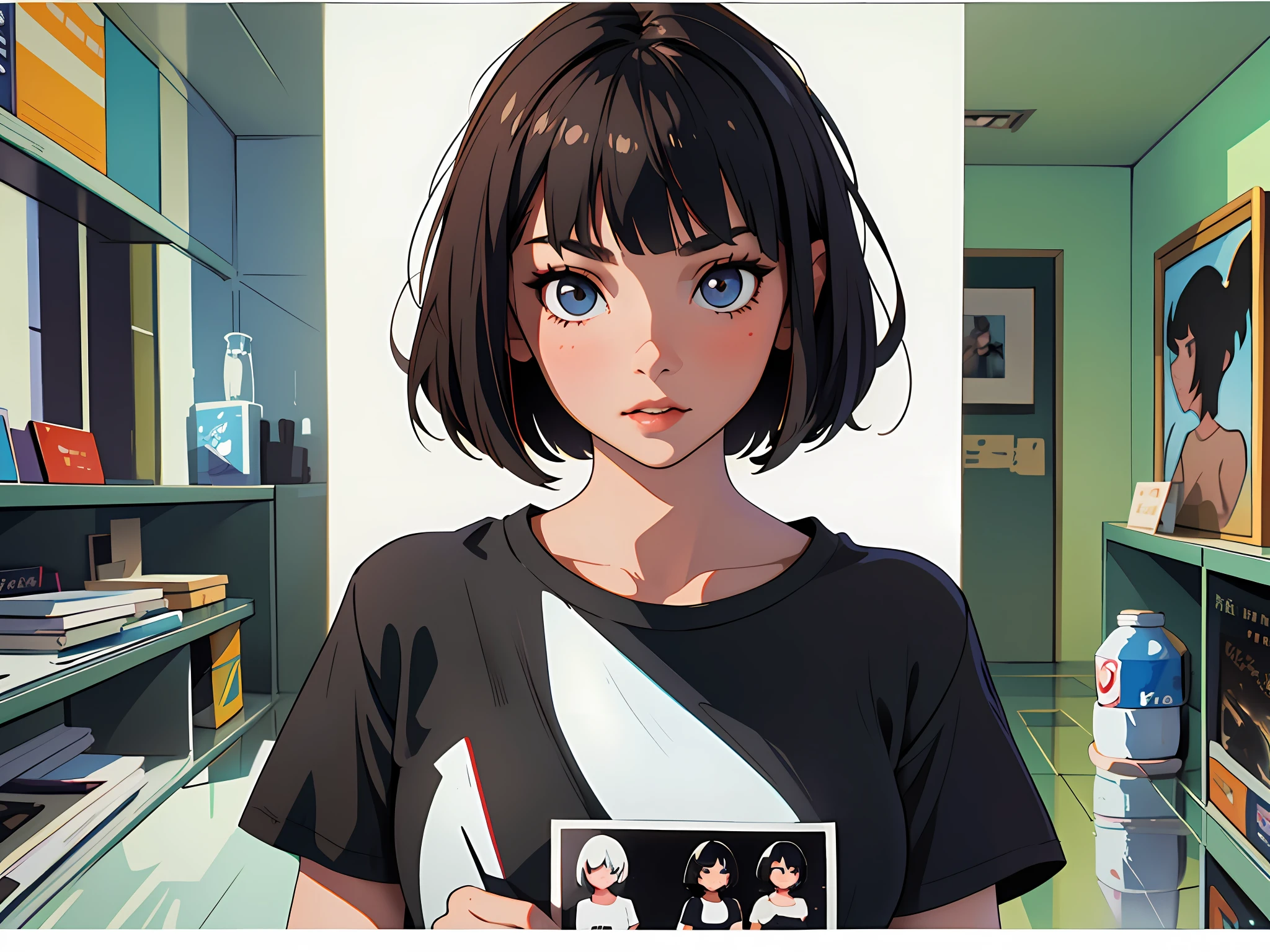(best quality, masterpiece), a full page photo of 1girl holding a polaroid photo in her hand, black bob cut hair, ((white t-shirt)), eyes not facing camera, white background