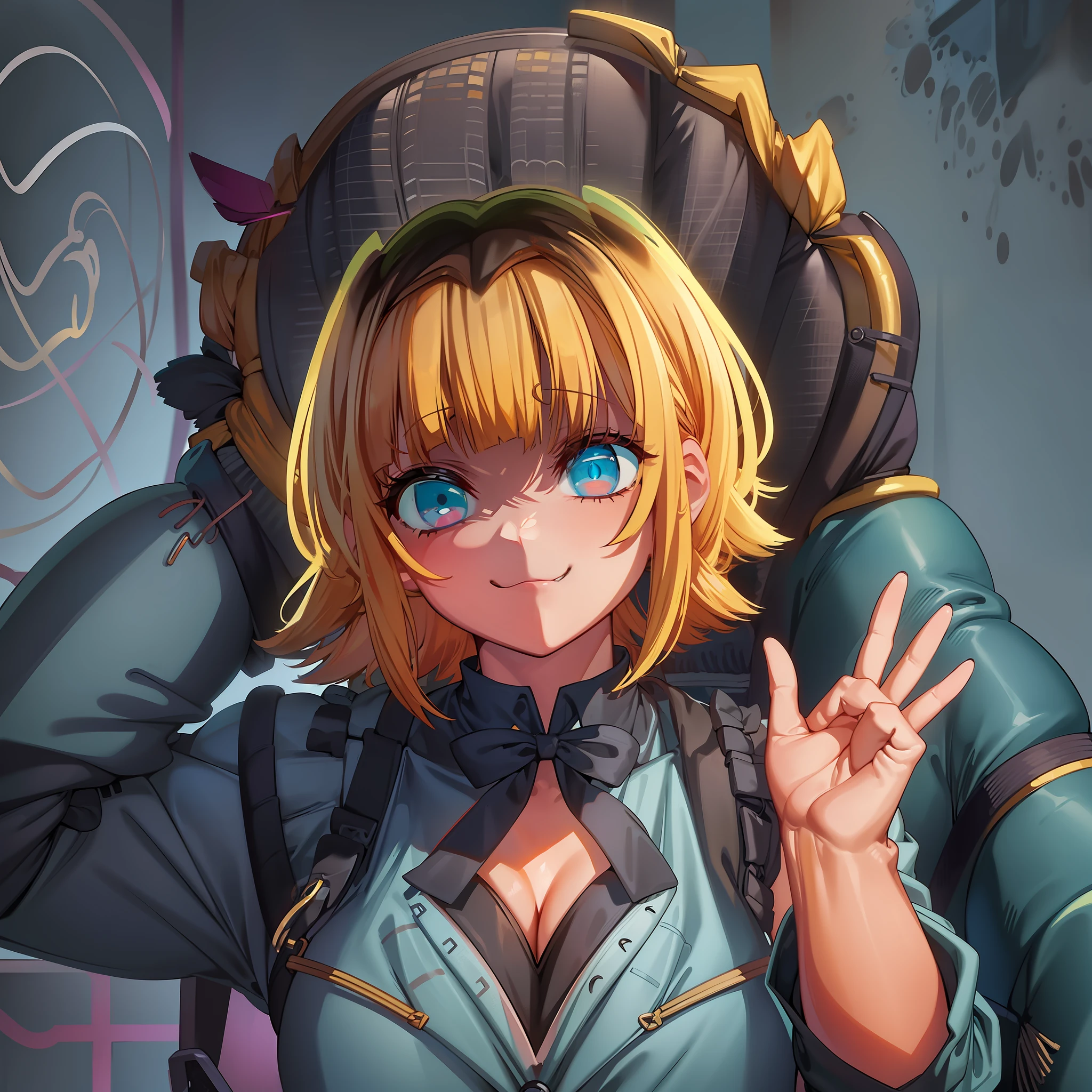 Slouch, Cleavage, Colossal, 1 Girl, Solo, White Collar Shirt, Smile, Simple Background, Anatomy, Beholder, Self-Righteous, Waving (Masterpiece, Best Quality, High Definition), Favorite Child, MEM