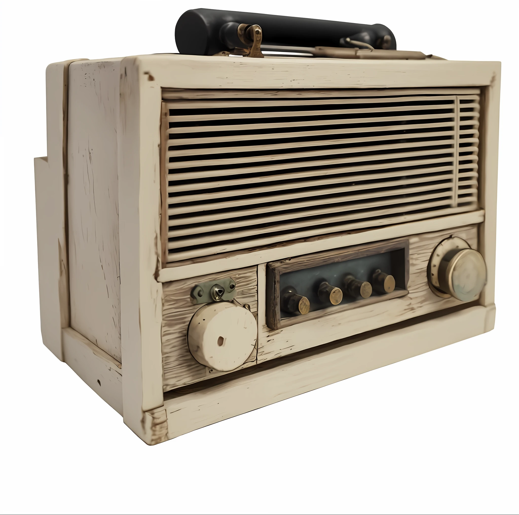 Create a masterpiece with the art style similar to that of the game Fortnite. Place an antique radio, with an aged wooden box, in the foreground on a minimalist white background. The quality should be extremely detailed, with exceptional lighting and shadow.
