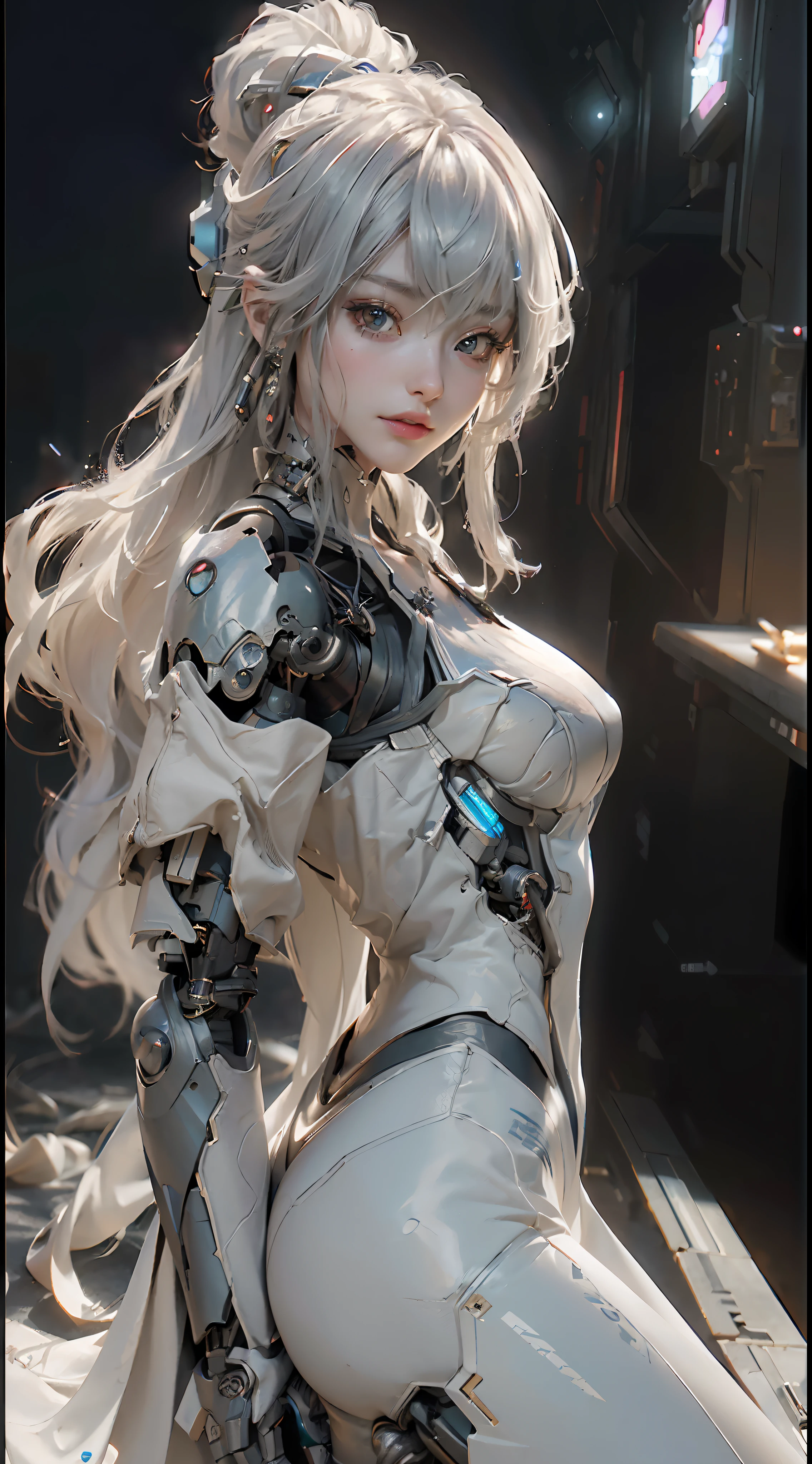 (Best Quality), ((Masterpiece), (Detail: 1.4), 3D, A Beautiful Cyberpunk Woman, HDR (High Dynamic Range), Ray Tracing, NVIDIA RTX, Super-Resolution, Unreal 5, Subsurface Scattering, PBR Textures, Post-Processing, Anisotropic Filtering, Depth of Field, Maximum Sharpness and Clarity, Multi-layer Textures, Albedo and Highlight Maps, Surface Shading, Exact simulation of light-material interactions, perfect proportions, Octane Render, bicolor light, large aperture, low ISO, white balance, rule of thirds, 8K RAW, close-up of a woman with very long hair and a very large body, perfect anime robot woman, anime robot with organic mix, best anime 4K konachan wallpaper, detailed digital anime art, beautiful girl cyborg, portrait of cyborg queen, cyborg - silver girl, biomechanics oppai, Digital cyberpunk anime art