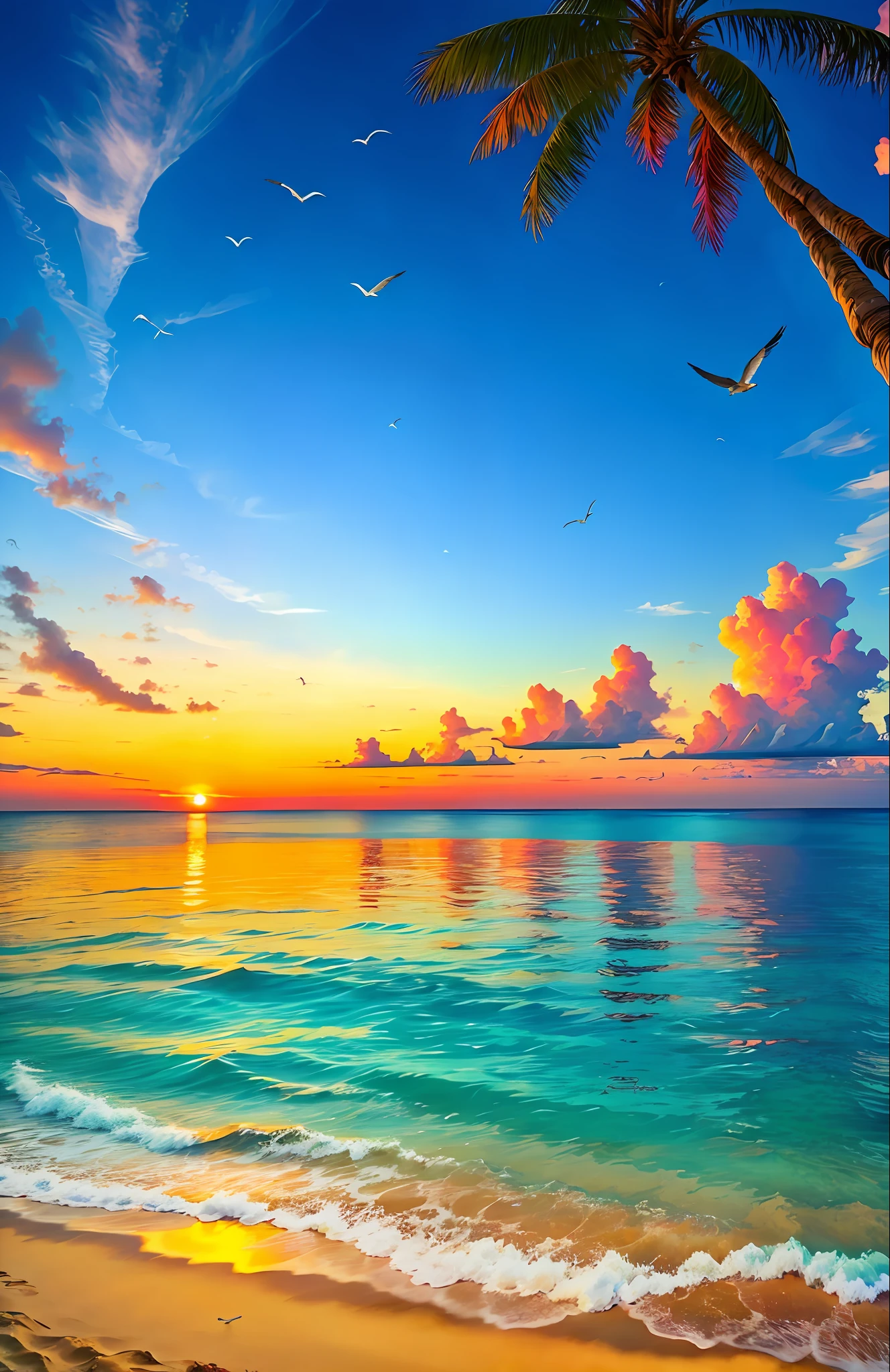 An absolutely mesmerizing sunset a young man of 25 years, afro descendant, muscular, ((tanned skin))on the beach, with a mixture of oranges, pinks and yellows filling the sky. The crystal clear waters of the sea gently kiss the coast, with a white sand beach stretching throughout. The scene is dynamic and breathtaking, with seagulls soaring high in the sky and palm trees swaying gently. Soak up the soothing atmosphere and let the tranquility take over you.