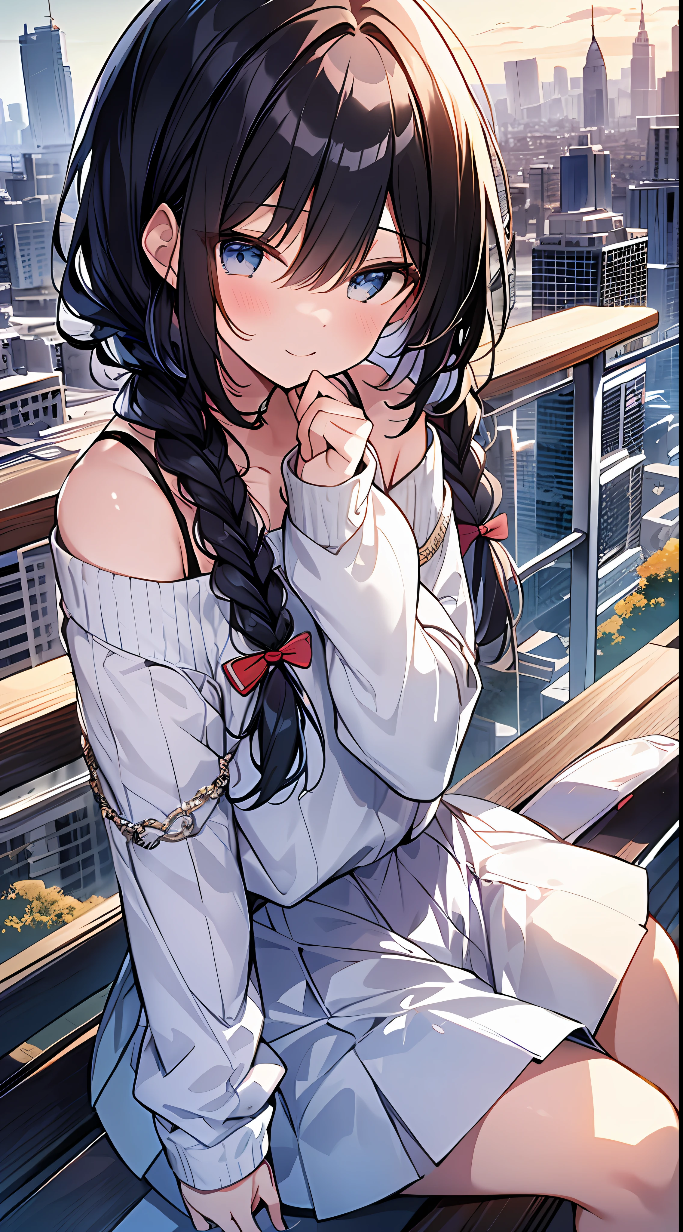 Top Quality, Masterpiece, Super High Definition, 8k, White Sweater, White Skirt Anime Style Little Loli, Single, Ultra Detailed Line Art, Digital Enhancement, Anime Core, Flowing Fabric, Close Up, Hair Length to Shoulder and Short Braid, Autumn City Landscape, Soft Drawing, Hair Fluttering in the Wind, Beautiful Black Hair, Full Smile, Patchy Eyes, Looks Really Weak, Sit on the bench